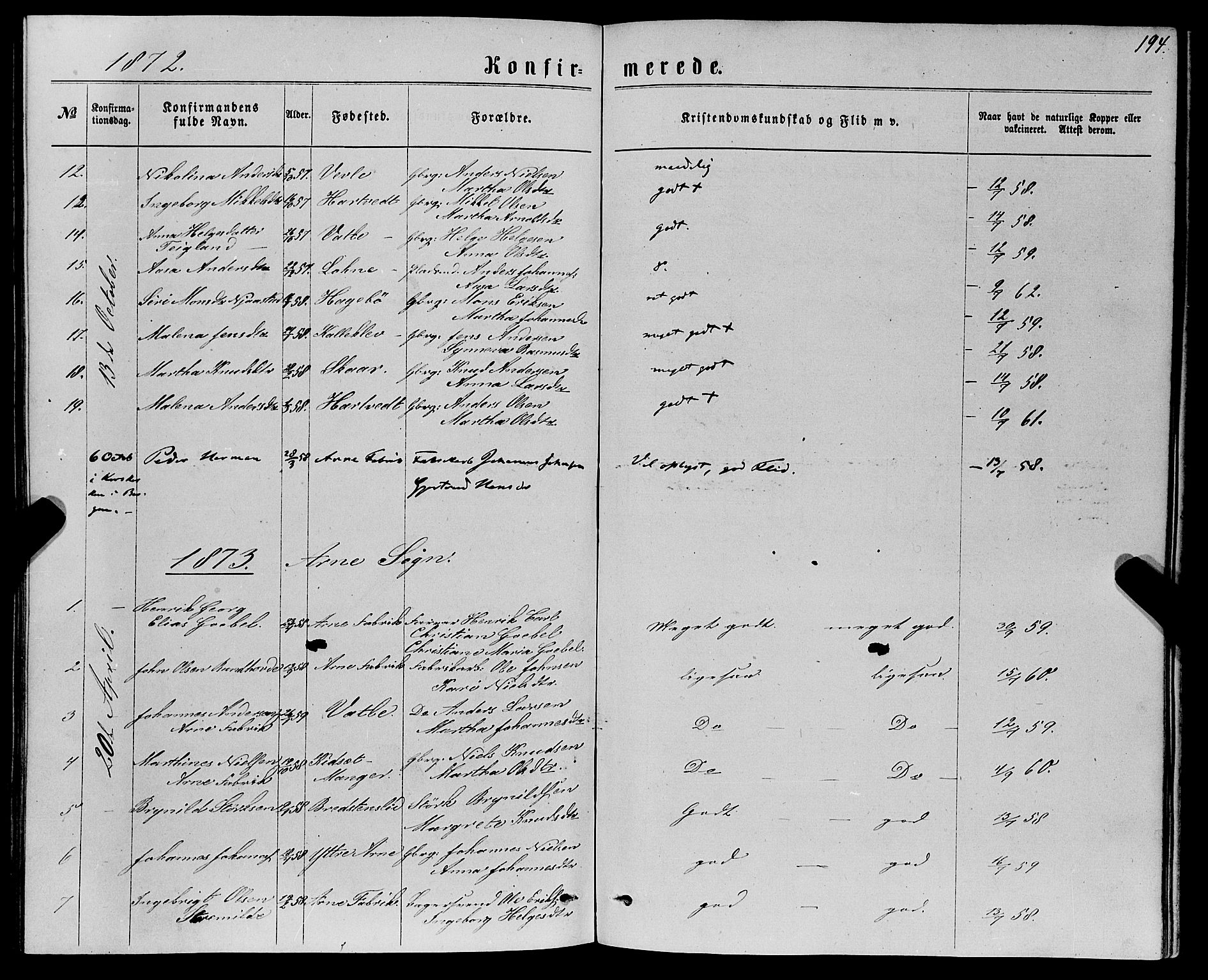 Haus sokneprestembete, SAB/A-75601/H/Haa: Parish register (official) no. A 18, 1871-1877, p. 194