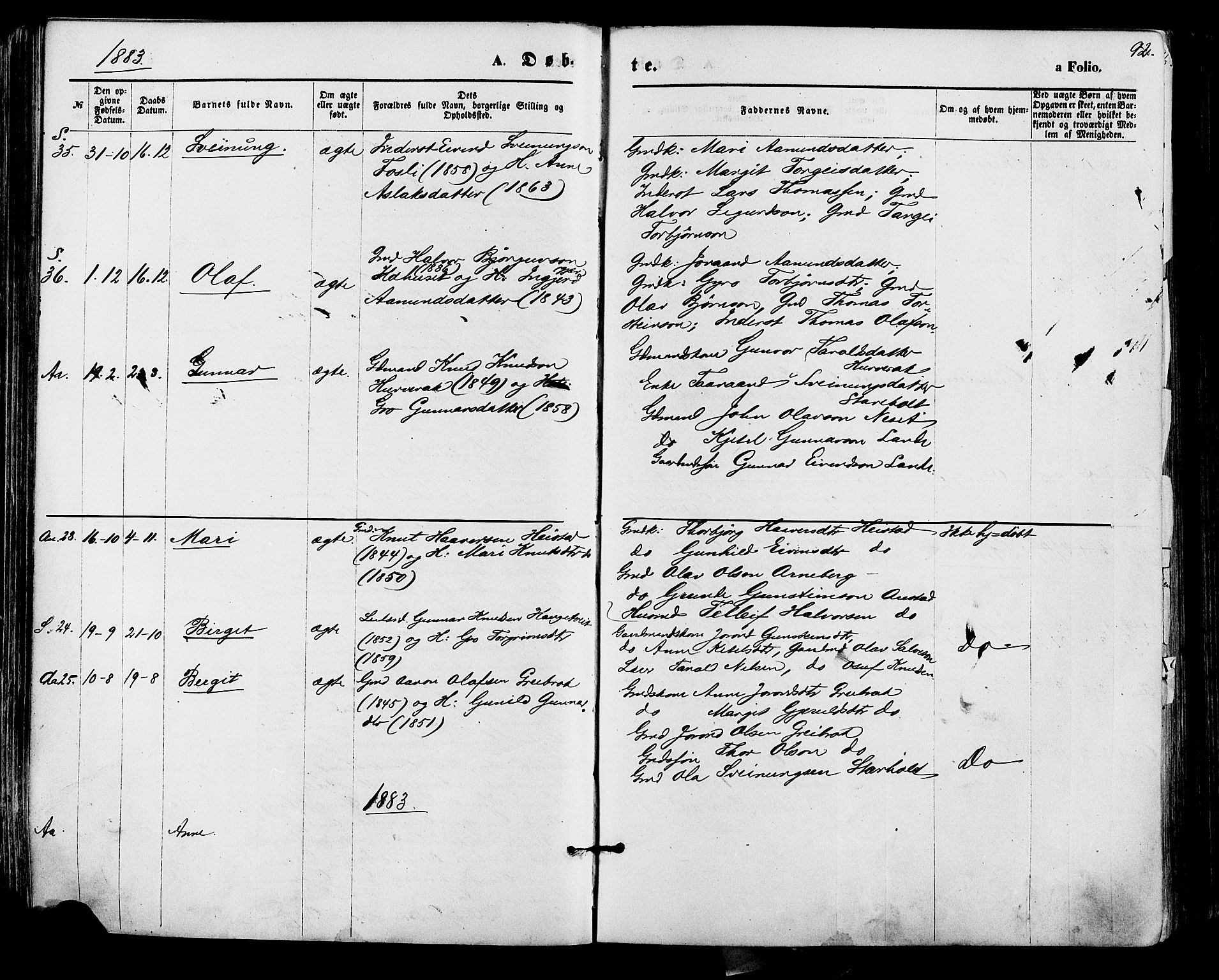 Bygland sokneprestkontor, AV/SAK-1111-0006/F/Fa/Fab/L0006: Parish register (official) no. A 6, 1873-1884, p. 92