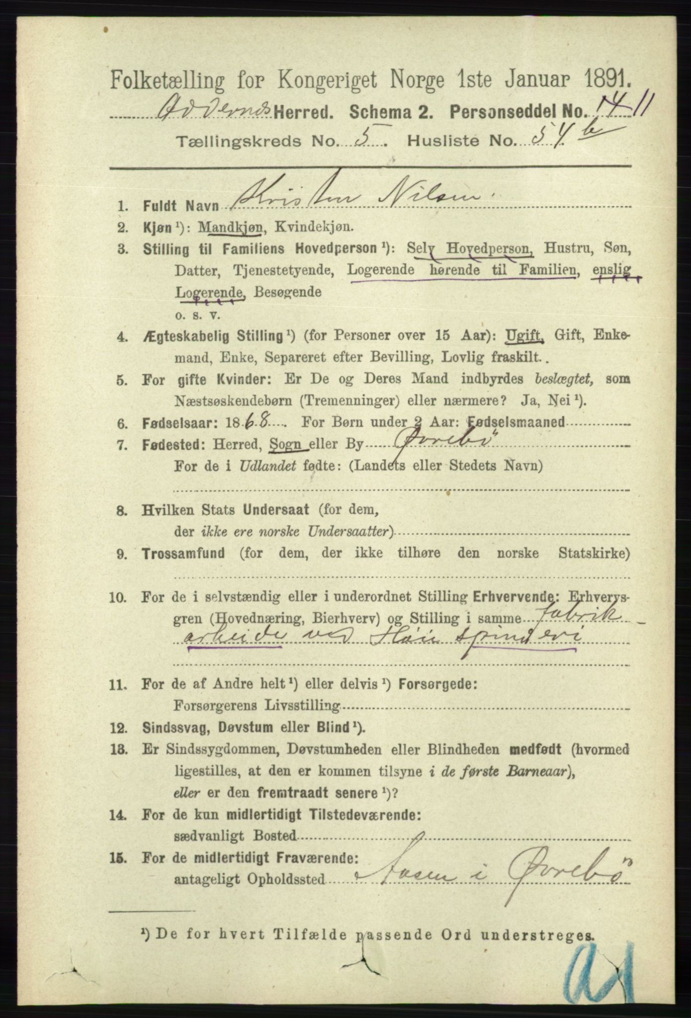 RA, 1891 census for 1012 Oddernes, 1891, p. 2144