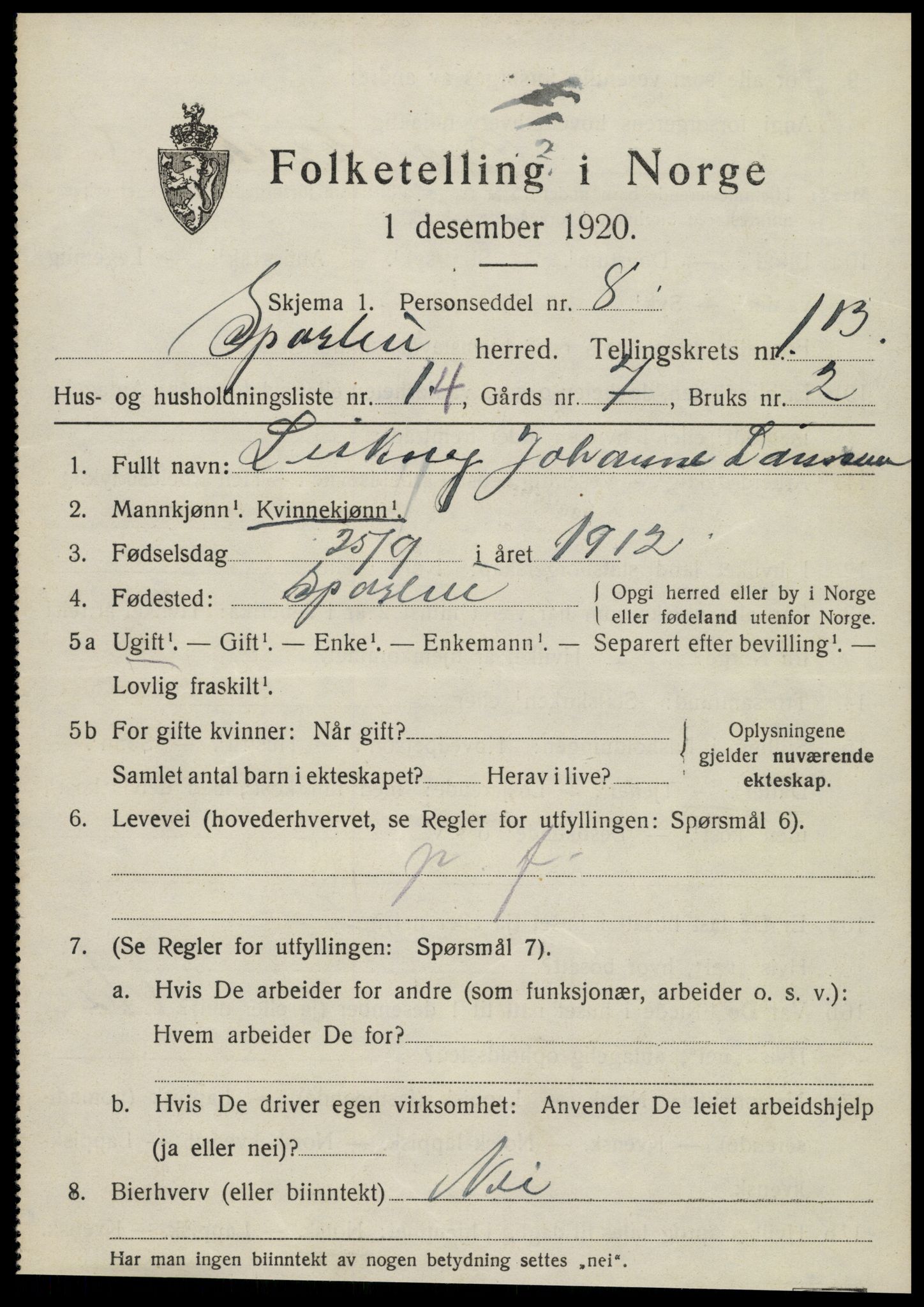 SAT, 1920 census for Sparbu, 1920, p. 2127