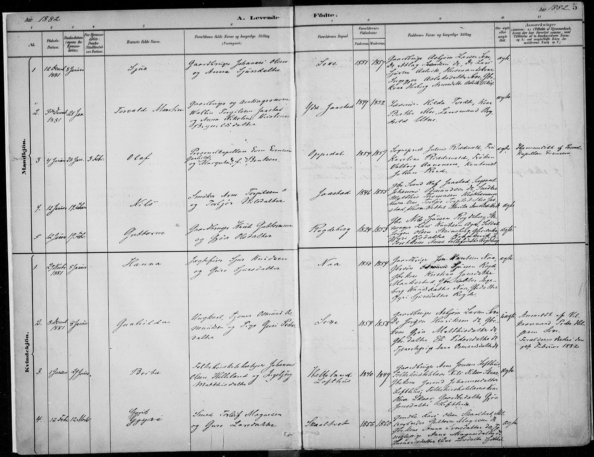 Ullensvang sokneprestembete, SAB/A-78701/H/Haa: Parish register (official) no. B  1, 1882-1918, p. 5