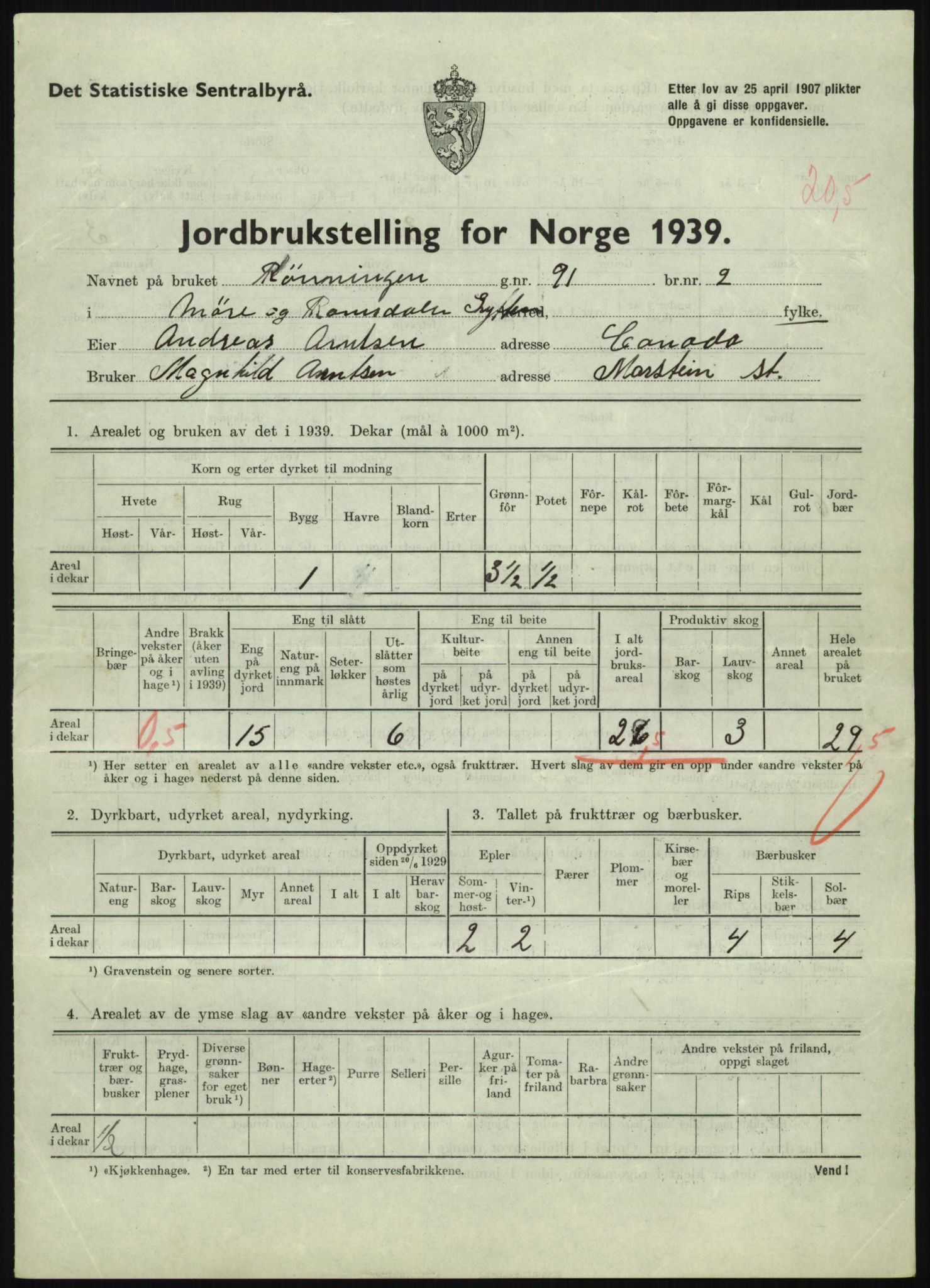 Statistisk sentralbyrå, Næringsøkonomiske emner, Jordbruk, skogbruk, jakt, fiske og fangst, AV/RA-S-2234/G/Gb/L0251: Møre og Romsdal: Voll, Eid, Grytten og Hen, 1939, p. 659