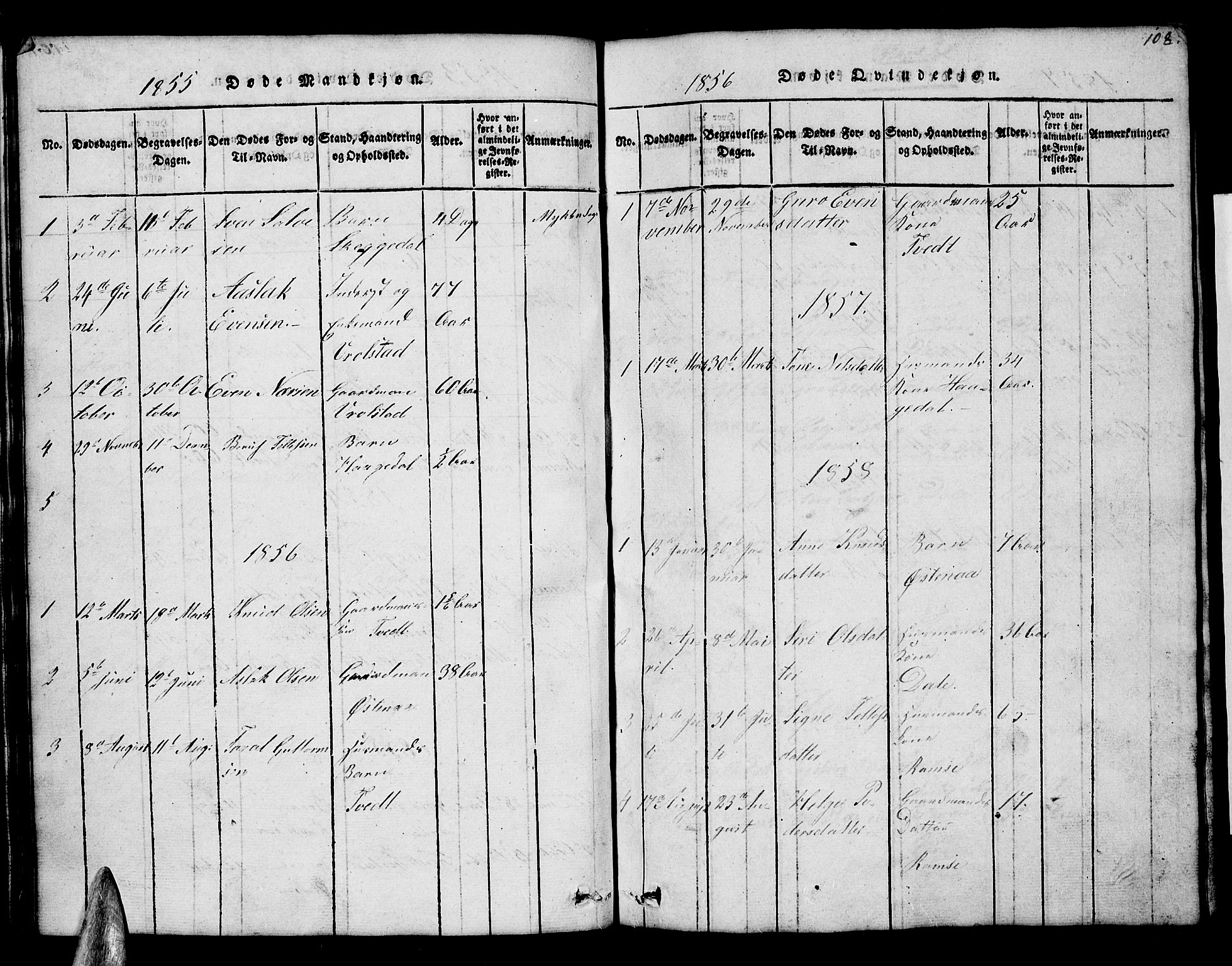 Åmli sokneprestkontor, SAK/1111-0050/F/Fb/Fbb/L0001: Parish register (copy) no. B 1, 1816-1889, p. 108