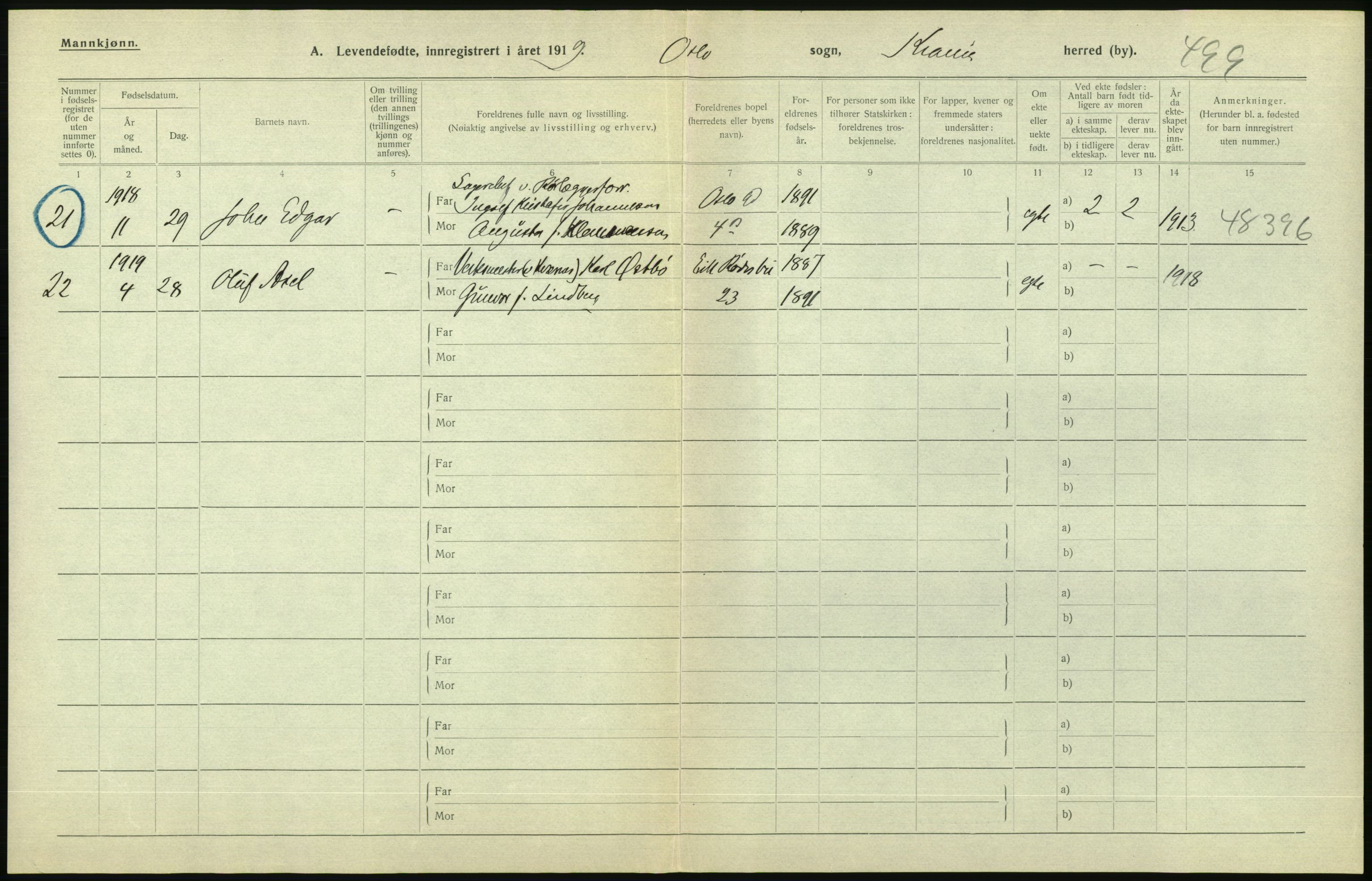 Statistisk sentralbyrå, Sosiodemografiske emner, Befolkning, AV/RA-S-2228/D/Df/Dfb/Dfbi/L0008: Kristiania: Levendefødte menn og kvinner., 1919