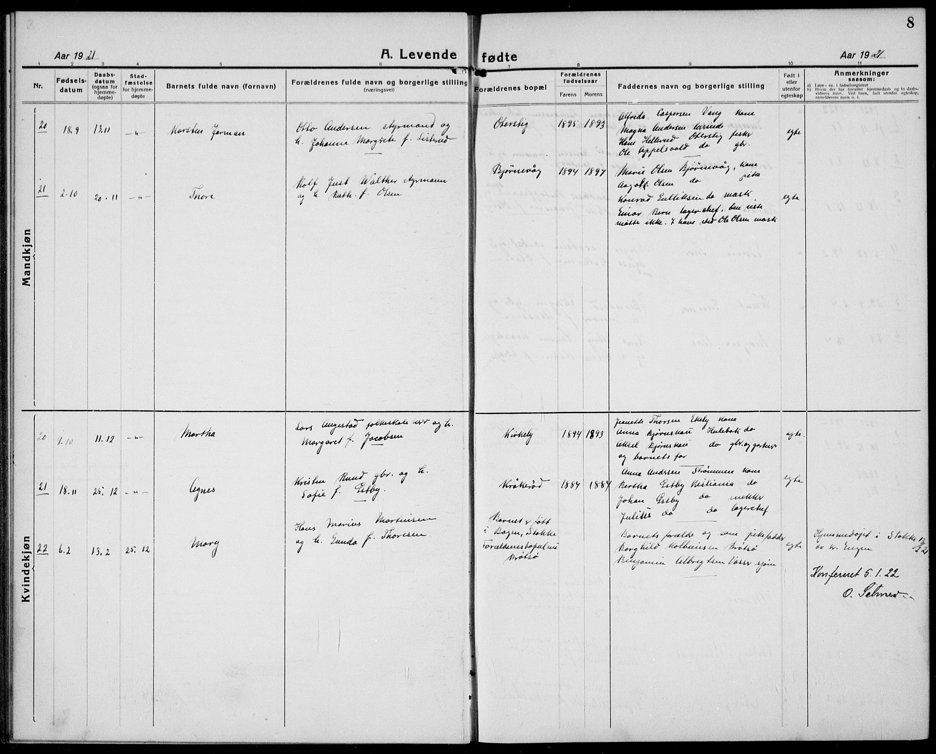 Tjøme kirkebøker, AV/SAKO-A-328/G/Ga/L0003: Parish register (copy) no. I 3, 1921-1935, p. 8