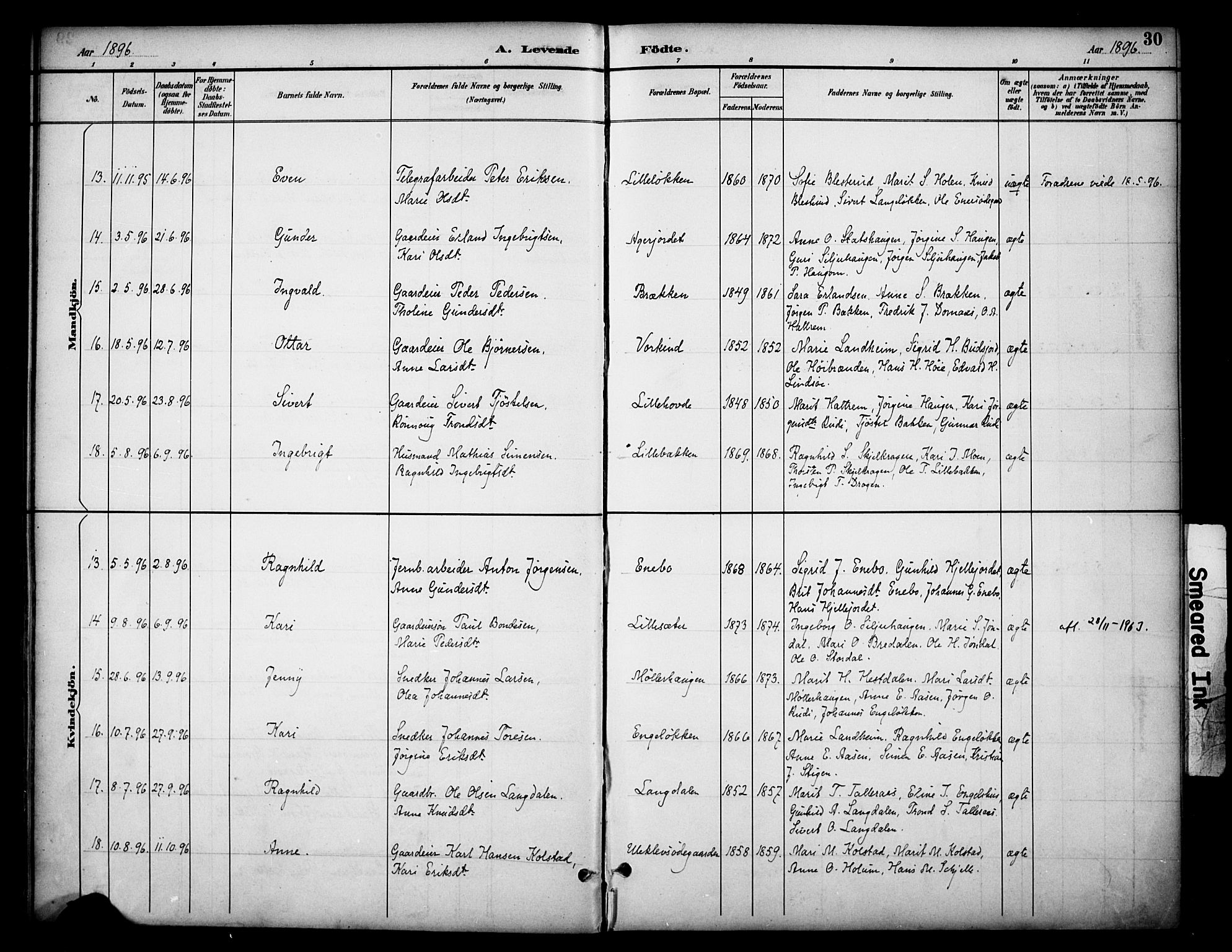 Dovre prestekontor, AV/SAH-PREST-066/H/Ha/Haa/L0003: Parish register (official) no. 3, 1891-1901, p. 30