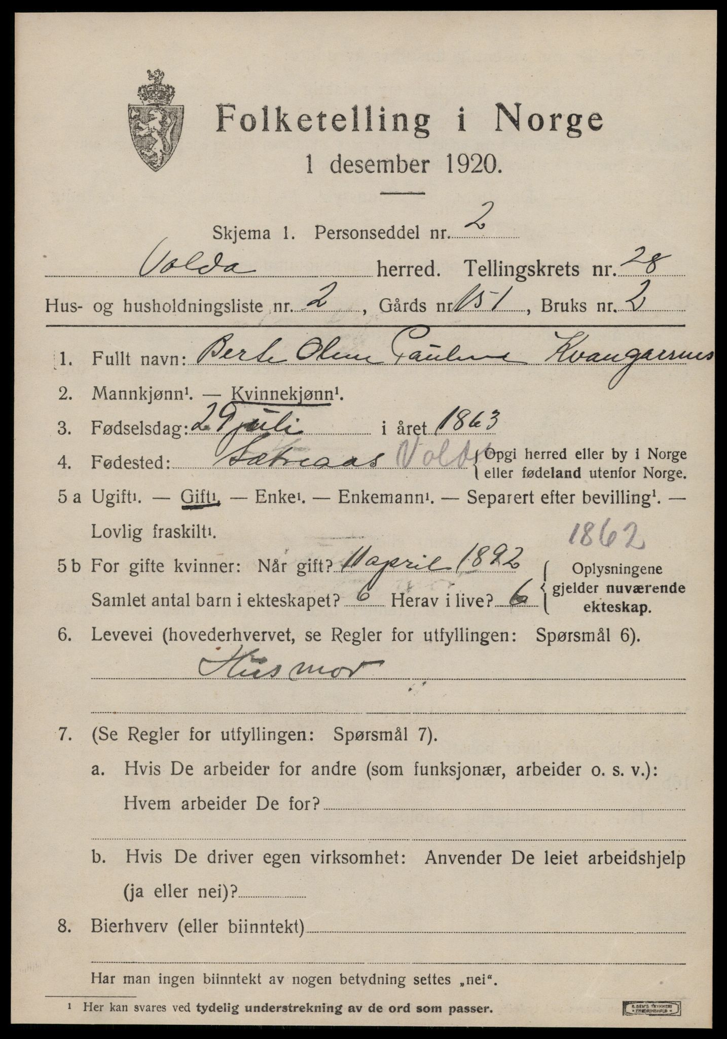 SAT, 1920 census for Volda, 1920, p. 12950