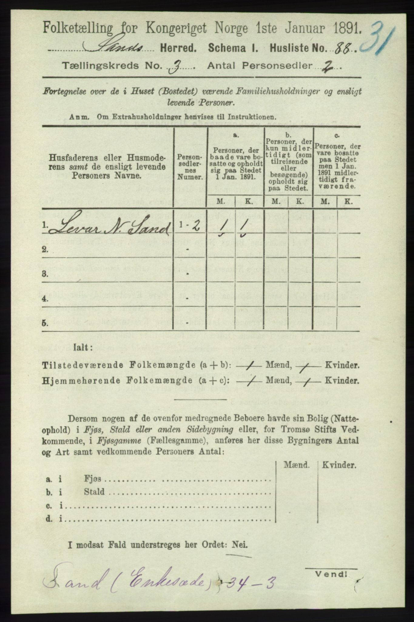 RA, 1891 census for 1136 Sand, 1891, p. 665