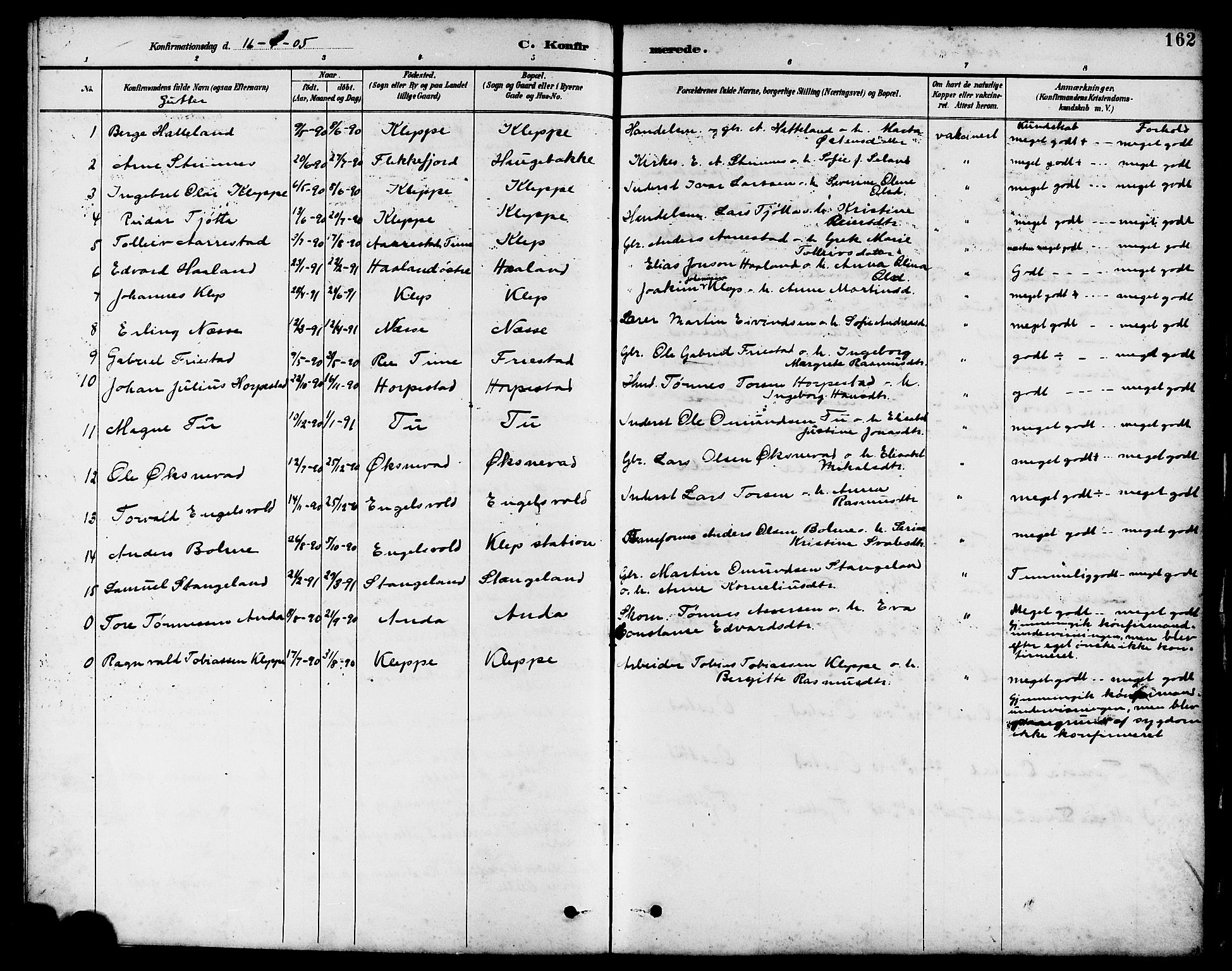 Klepp sokneprestkontor, SAST/A-101803/001/3/30BB/L0004: Parish register (copy) no. B 4, 1889-1914, p. 162