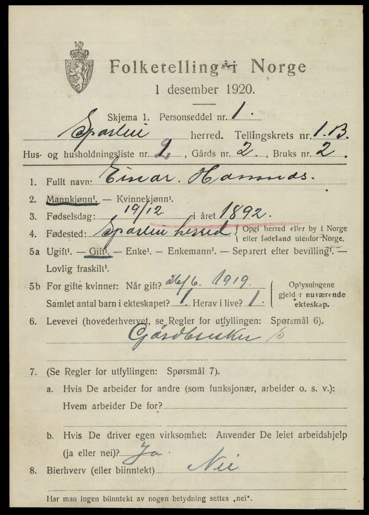 SAT, 1920 census for Sparbu, 1920, p. 1945