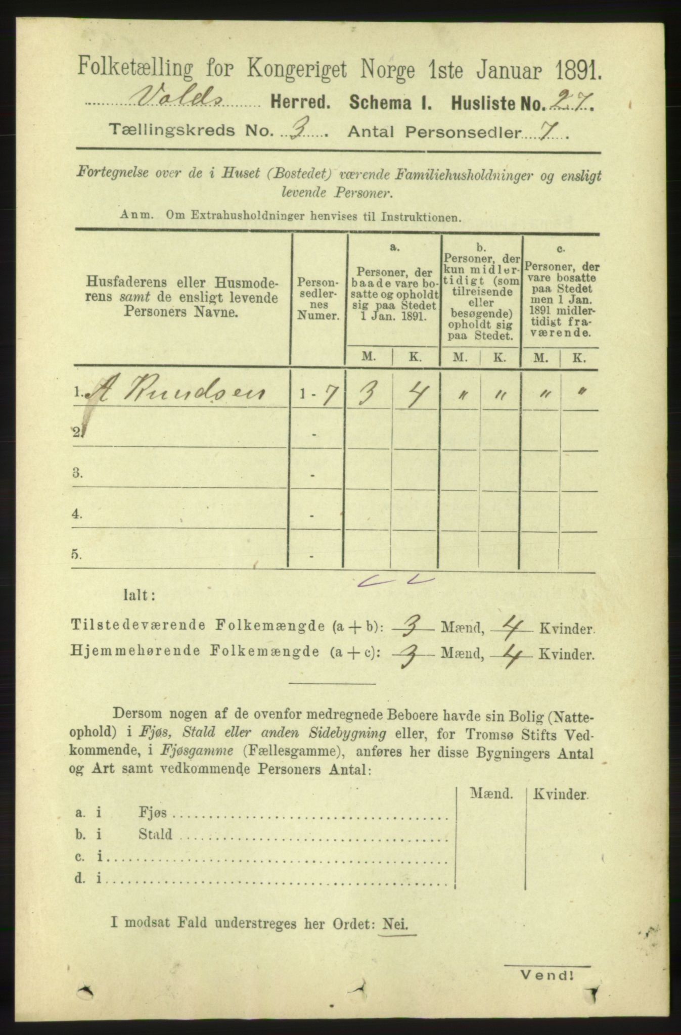 RA, 1891 census for 1537 Voll, 1891, p. 939