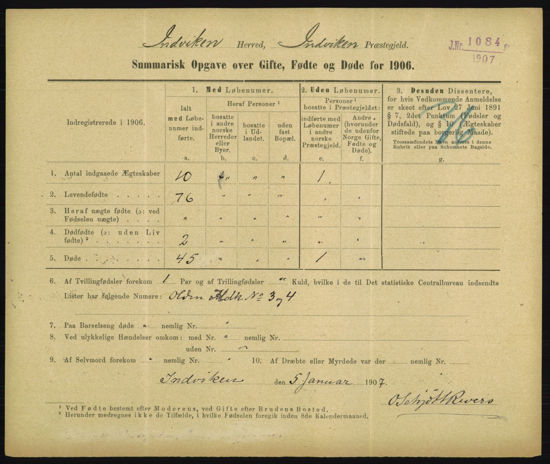 Statistisk sentralbyrå, Sosiodemografiske emner, Befolkning, RA/S-2228/D/Df/Dfa/Dfad/L0050: Summariske oppgaver over gifte, fødte, døde. Bygder., 1906, p. 759