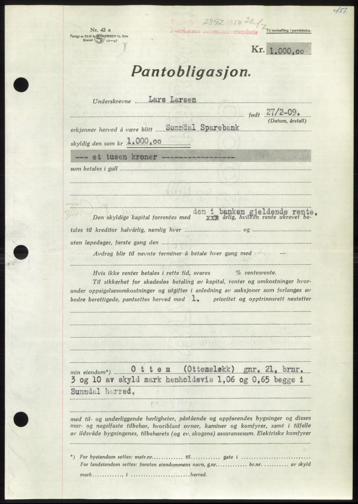 Nordmøre sorenskriveri, AV/SAT-A-4132/1/2/2Ca: Mortgage book no. B105, 1950-1950, Diary no: : 2392/1950