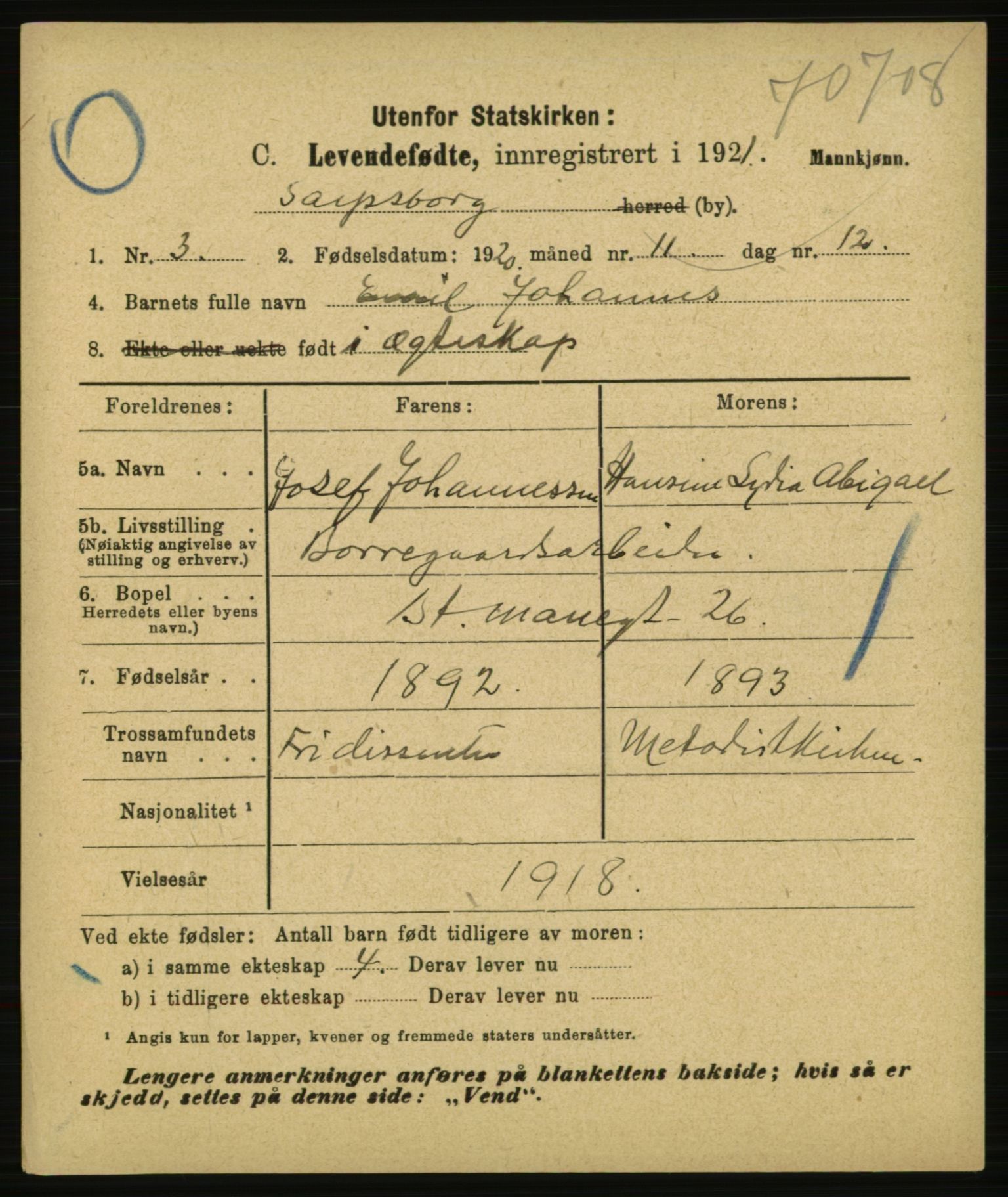 Statistisk sentralbyrå, Sosiodemografiske emner, Befolkning, AV/RA-S-2228/E/L0019: Fødte, gifte, døde dissentere., 1921, p. 9