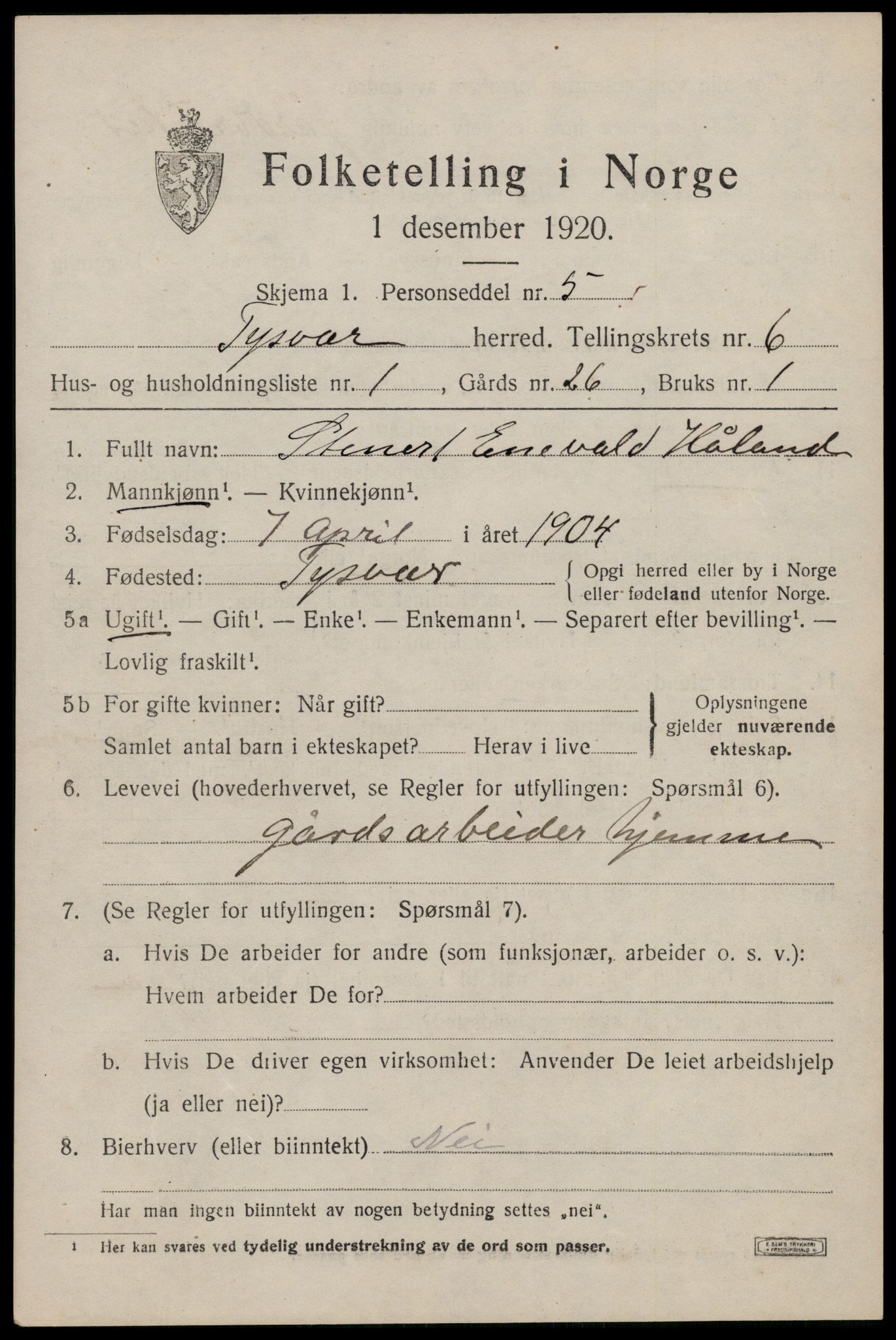 SAST, 1920 census for Tysvær, 1920, p. 2106