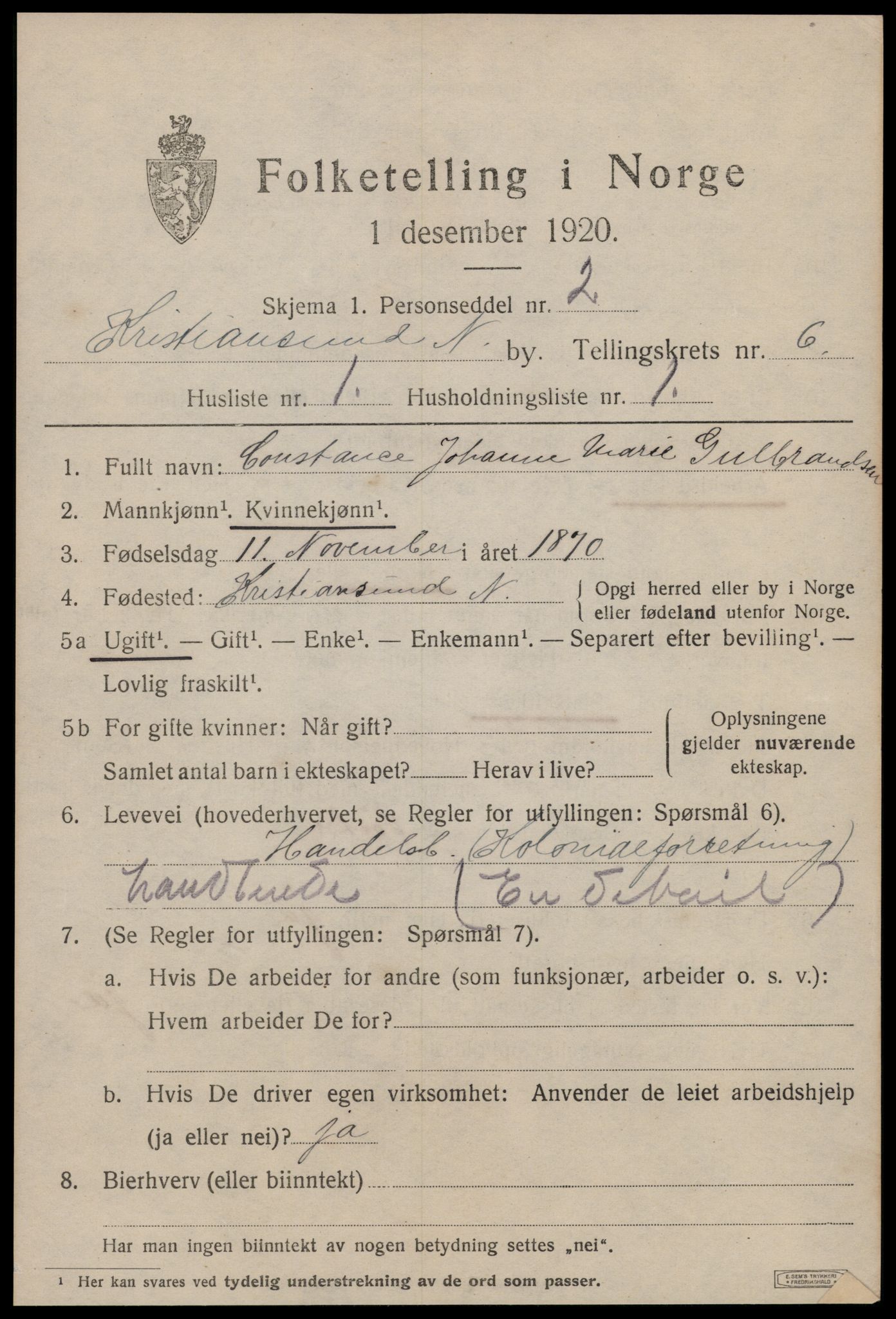 SAT, 1920 census for Kristiansund, 1920, p. 17027