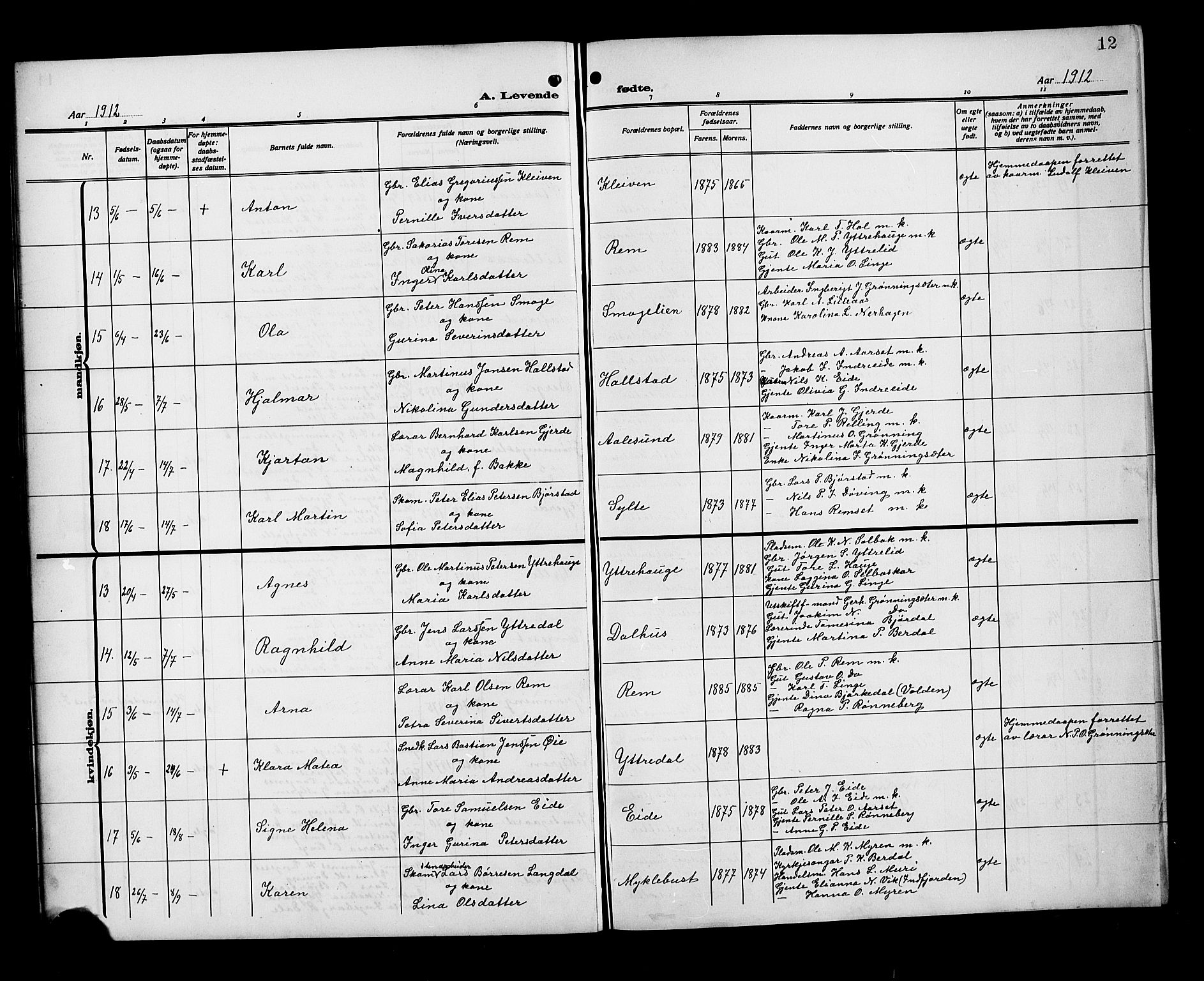 Ministerialprotokoller, klokkerbøker og fødselsregistre - Møre og Romsdal, SAT/A-1454/519/L0265: Parish register (copy) no. 519C06, 1911-1921, p. 12