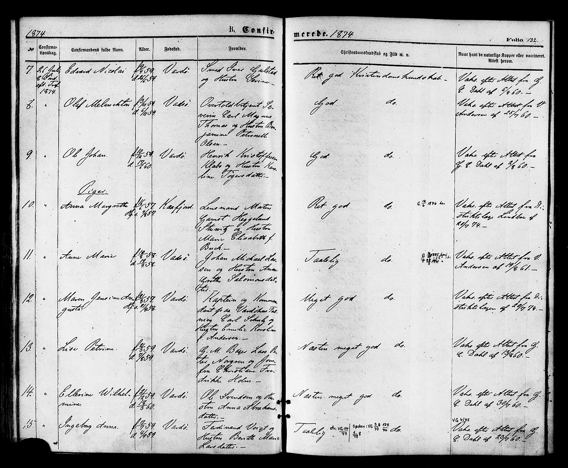 Vardø sokneprestkontor, AV/SATØ-S-1332/H/Ha/L0005kirke: Parish register (official) no. 5, 1872-1878, p. 132