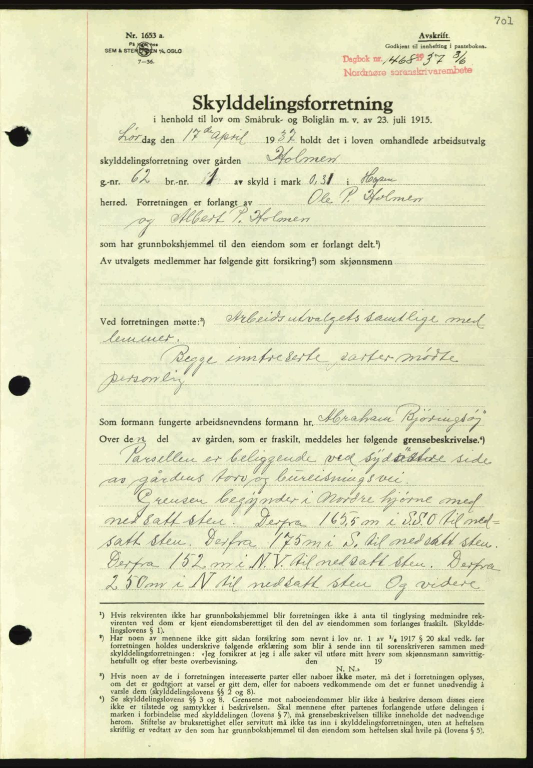 Nordmøre sorenskriveri, AV/SAT-A-4132/1/2/2Ca: Mortgage book no. A81, 1937-1937, Diary no: : 1468/1937