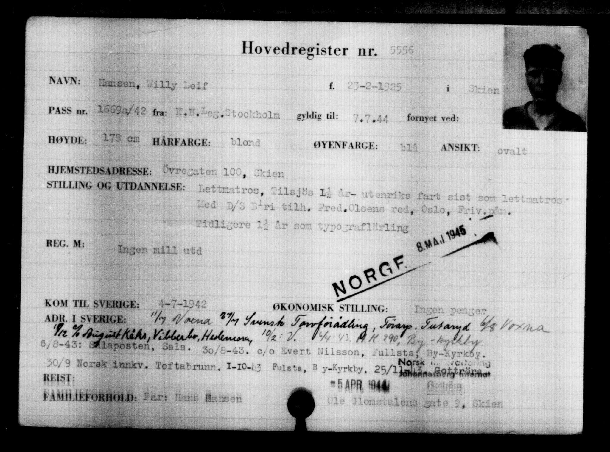 Utenriksstasjonene, Legasjonen i Stockholm, Flyktningkontoret, AV/RA-S-6753/V/Va/L0004: Kjesäterkartoteket, flyktninger med registreringsnr. 3496-6610, 1940-1945, p. 2384