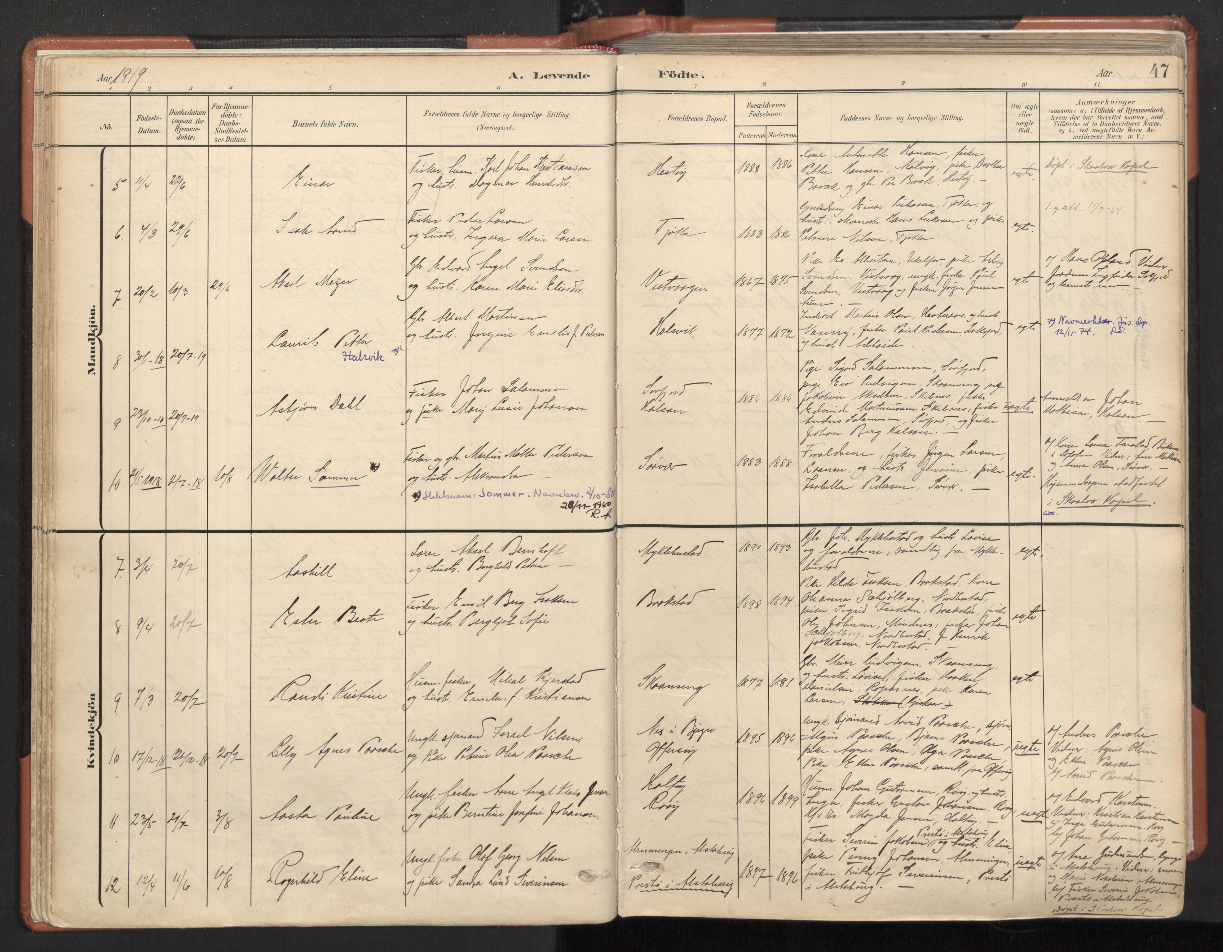 Ministerialprotokoller, klokkerbøker og fødselsregistre - Nordland, AV/SAT-A-1459/817/L0265: Parish register (official) no. 817A05, 1908-1944, p. 47