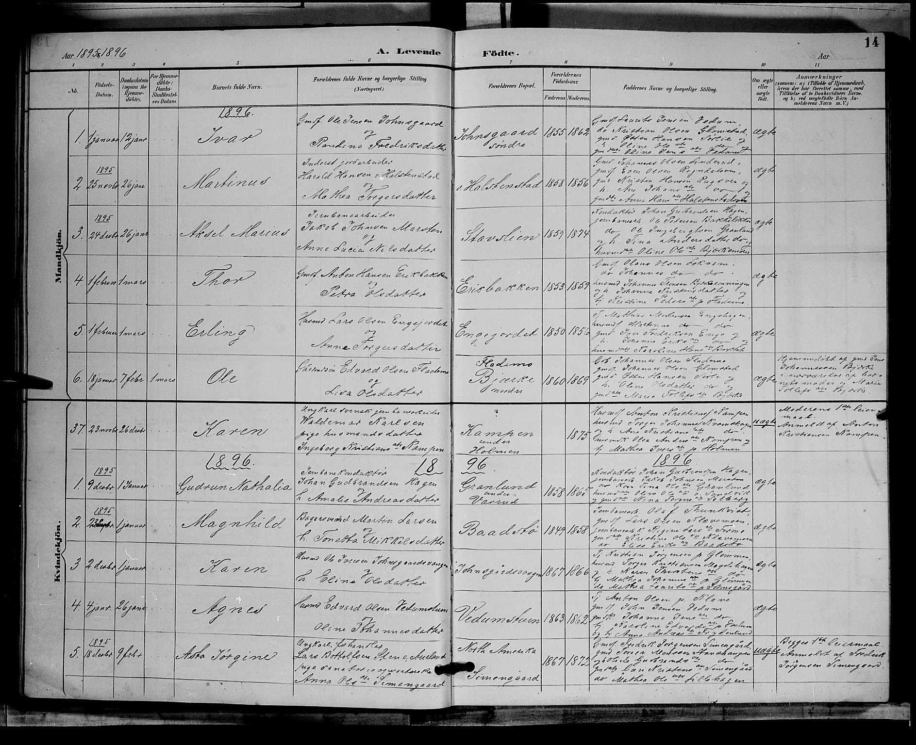 Øyer prestekontor, SAH/PREST-084/H/Ha/Hab/L0004: Parish register (copy) no. 4, 1894-1905, p. 14