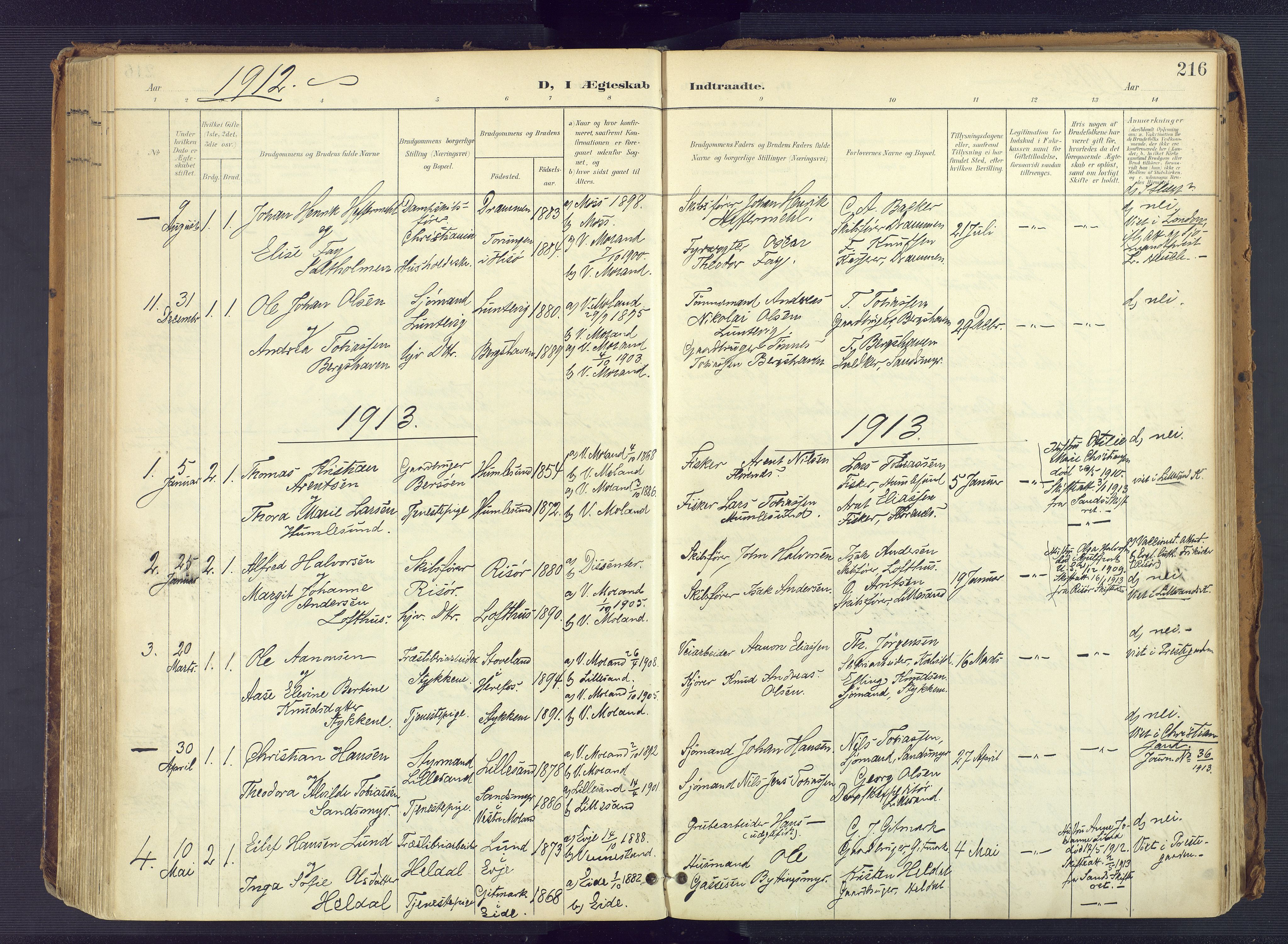 Vestre Moland sokneprestkontor, SAK/1111-0046/F/Fa/Fab/L0010: Parish register (official) no. A 10, 1900-1926, p. 216