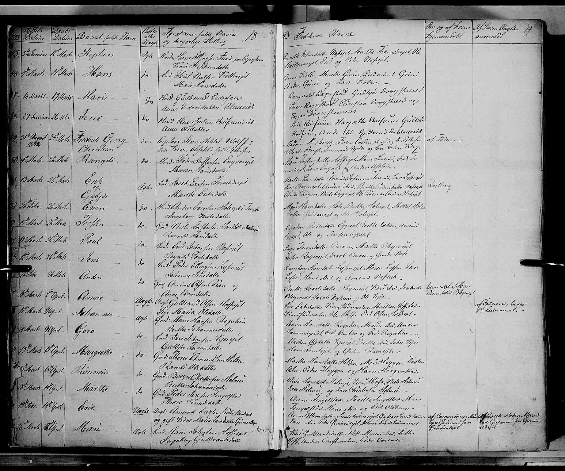 Gran prestekontor, AV/SAH-PREST-112/H/Ha/Haa/L0011: Parish register (official) no. 11, 1842-1856, p. 18-19