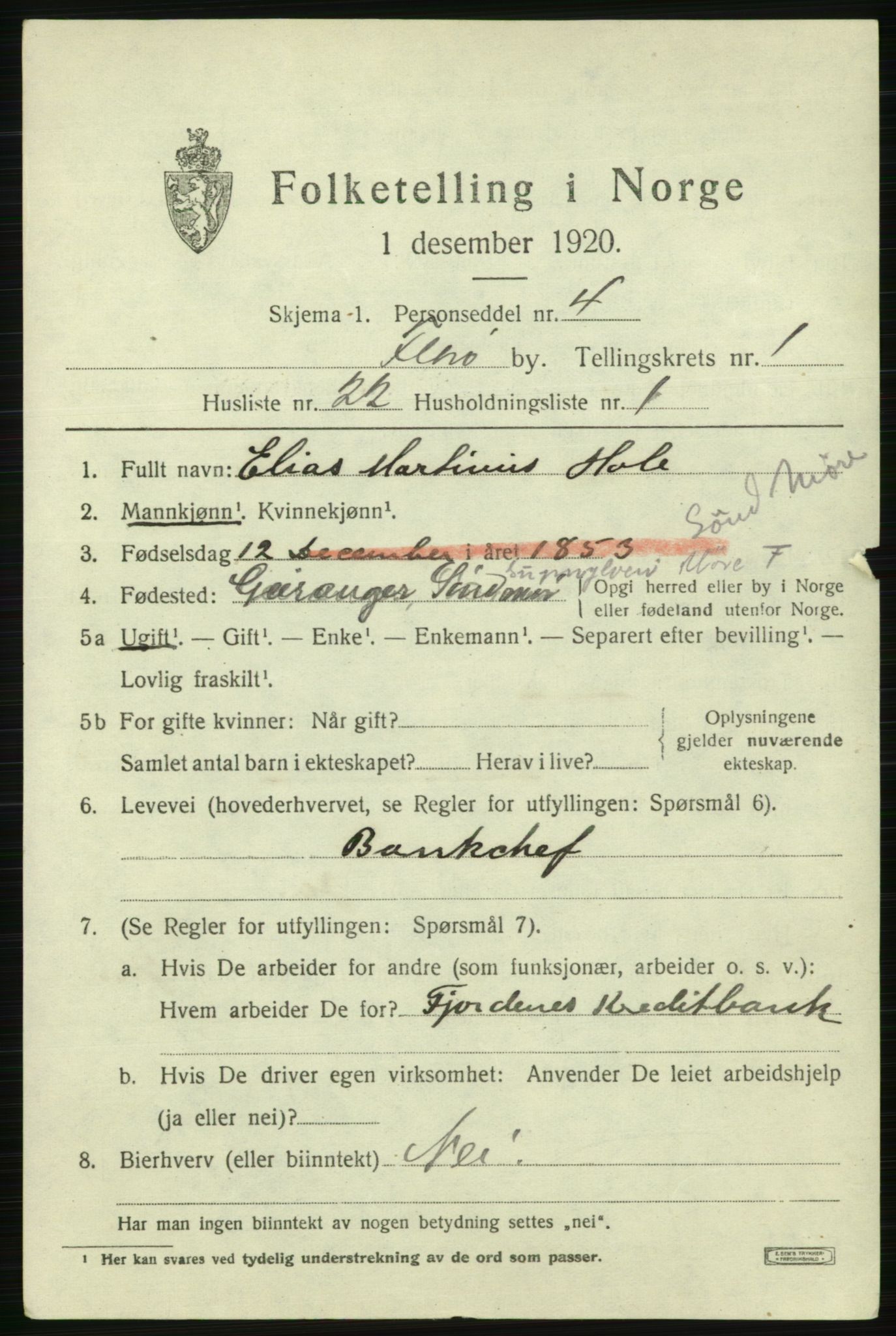 SAB, 1920 census for Florø, 1920, p. 1518