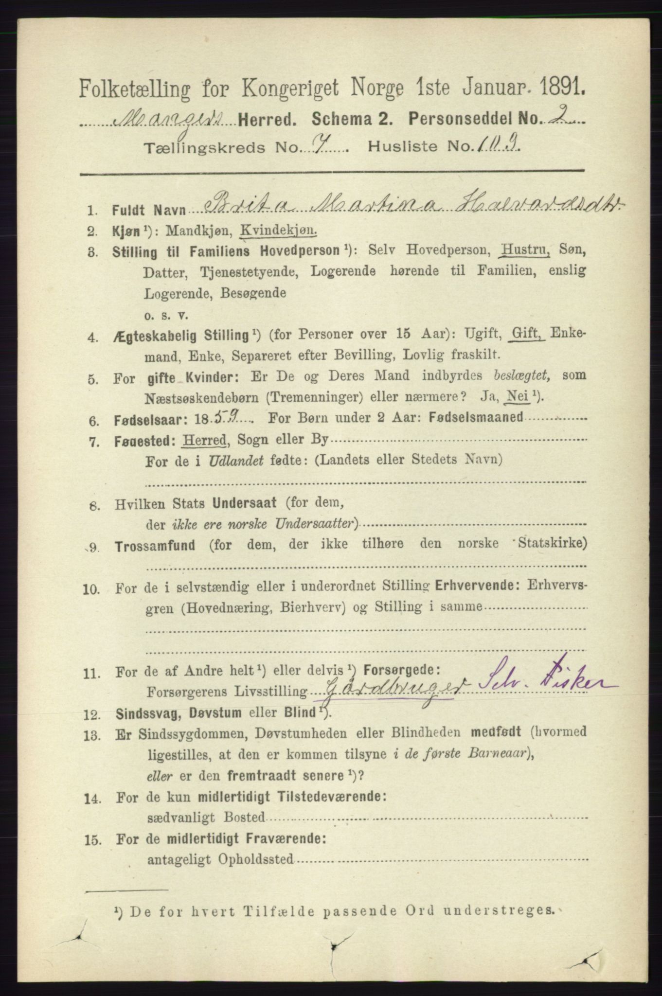 RA, 1891 census for 1261 Manger, 1891, p. 5000