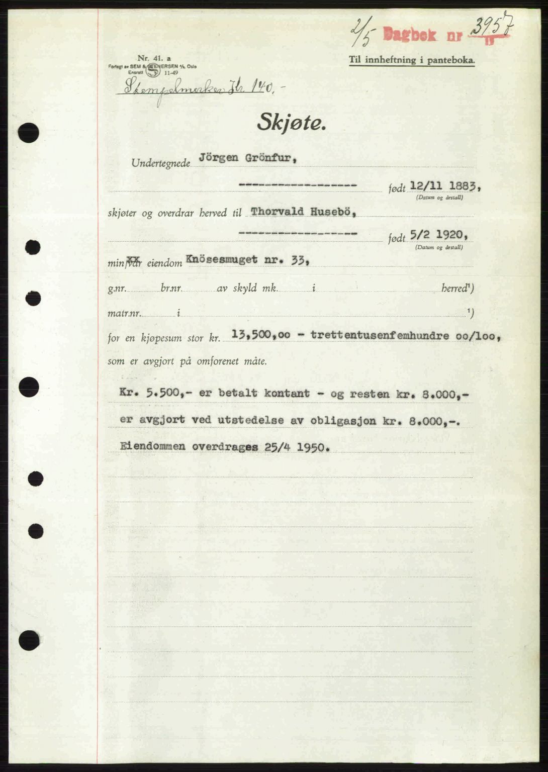 Byfogd og Byskriver i Bergen, AV/SAB-A-3401/03/03Bc/L0032: Mortgage book no. A26, 1950-1950, Diary no: : 3957/1950