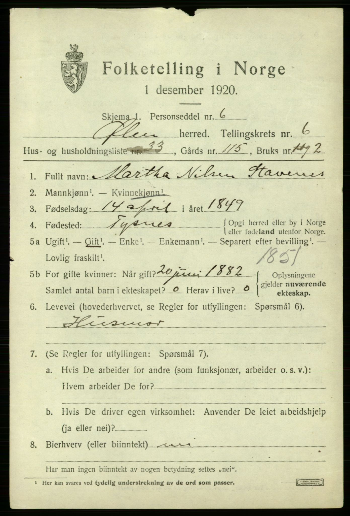 SAB, 1920 census for Ølen, 1920, p. 3155