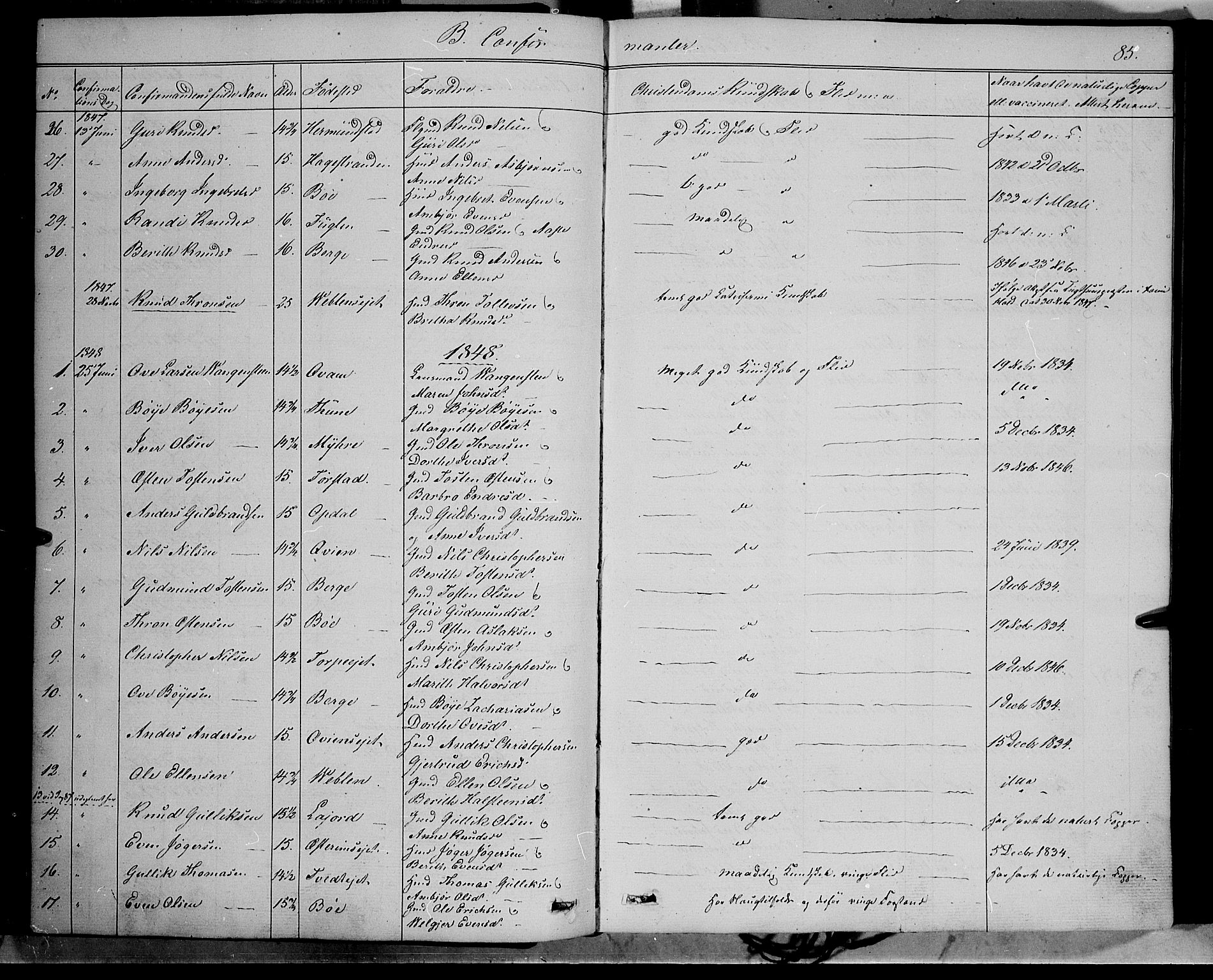 Vang prestekontor, Valdres, SAH/PREST-140/H/Ha/L0006: Parish register (official) no. 6, 1846-1864, p. 85