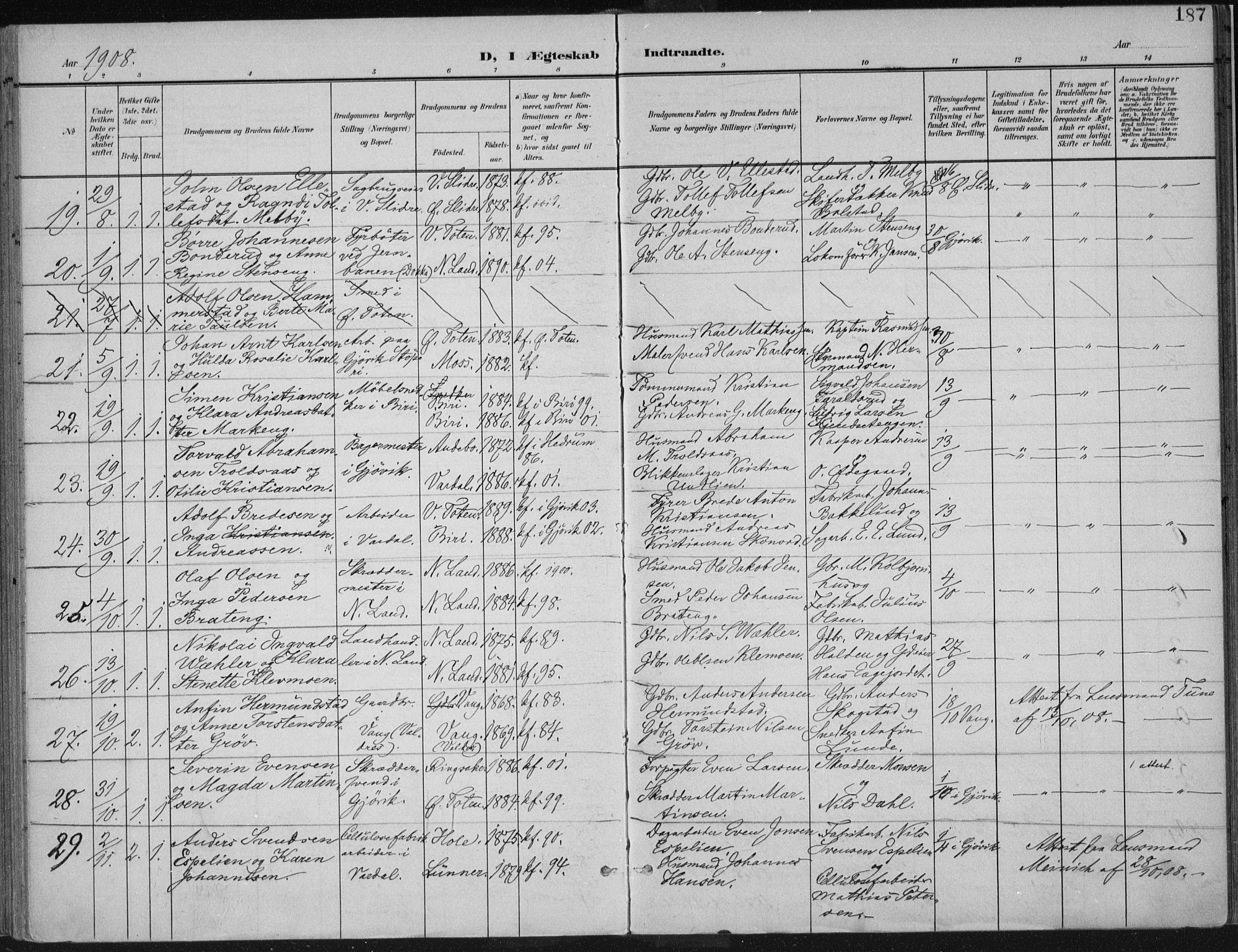 Vardal prestekontor, SAH/PREST-100/H/Ha/Haa/L0013: Parish register (official) no. 13, 1901-1911, p. 187