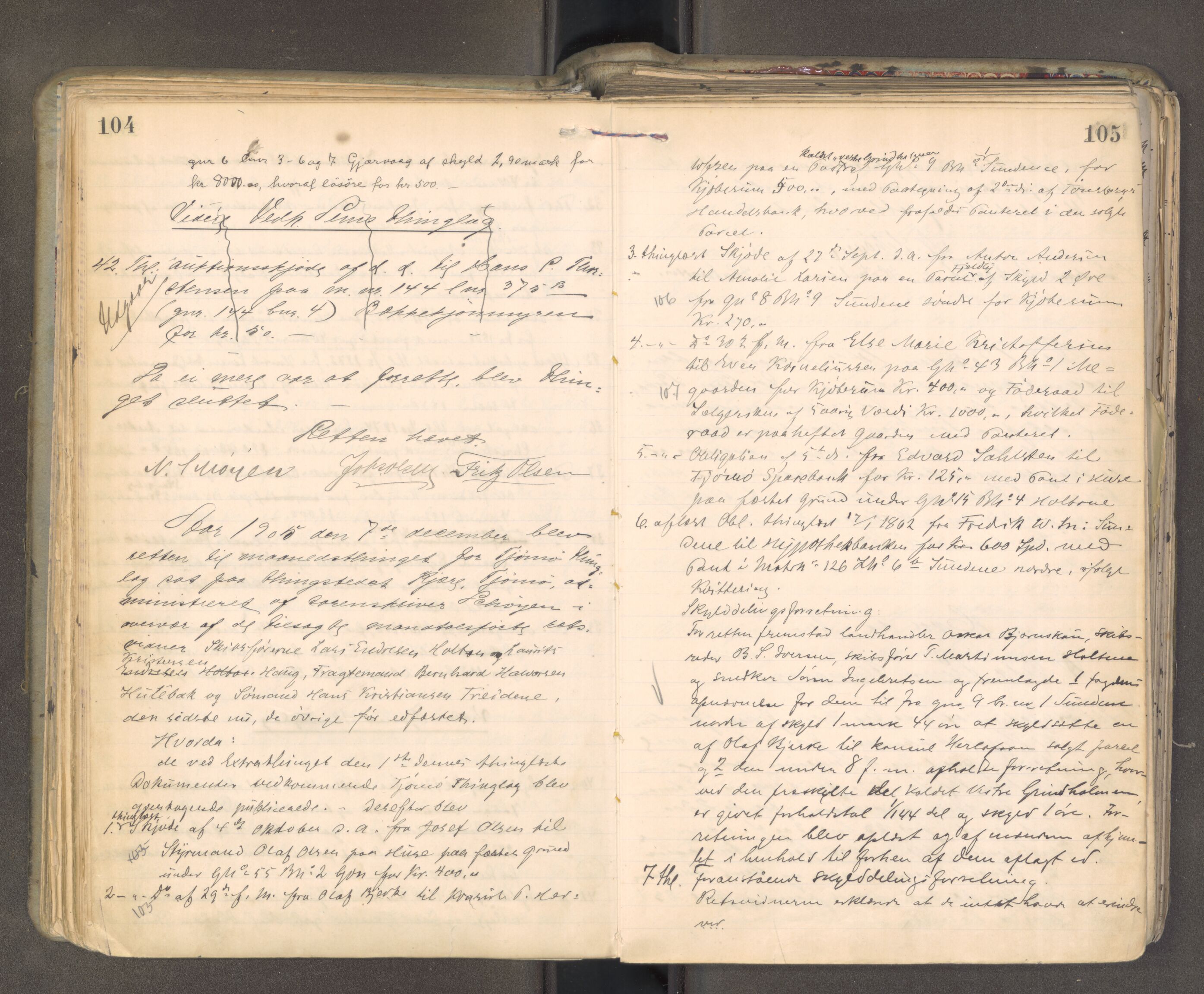 Søndre Jarlsberg sorenskriveri, AV/SAKO-A-129/F/Fa/L0045: Tingbok, 1905-1907, p. 104-105