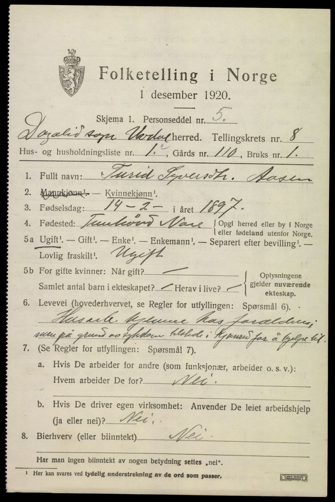 SAKO, 1920 census for Uvdal, 1920, p. 3083