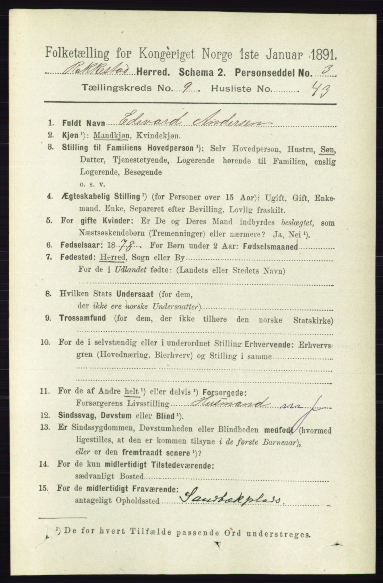 RA, 1891 census for 0128 Rakkestad, 1891, p. 4319