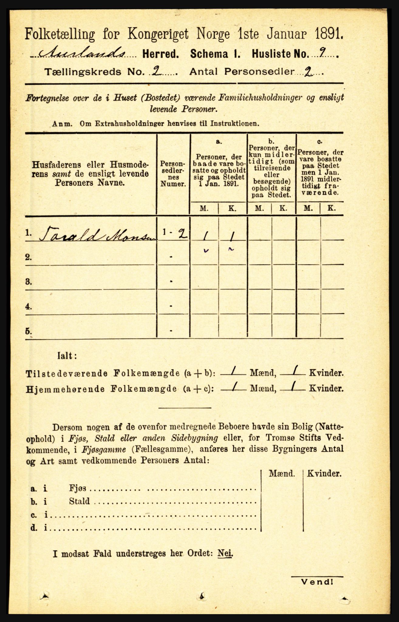 RA, 1891 census for 1421 Aurland, 1891, p. 422