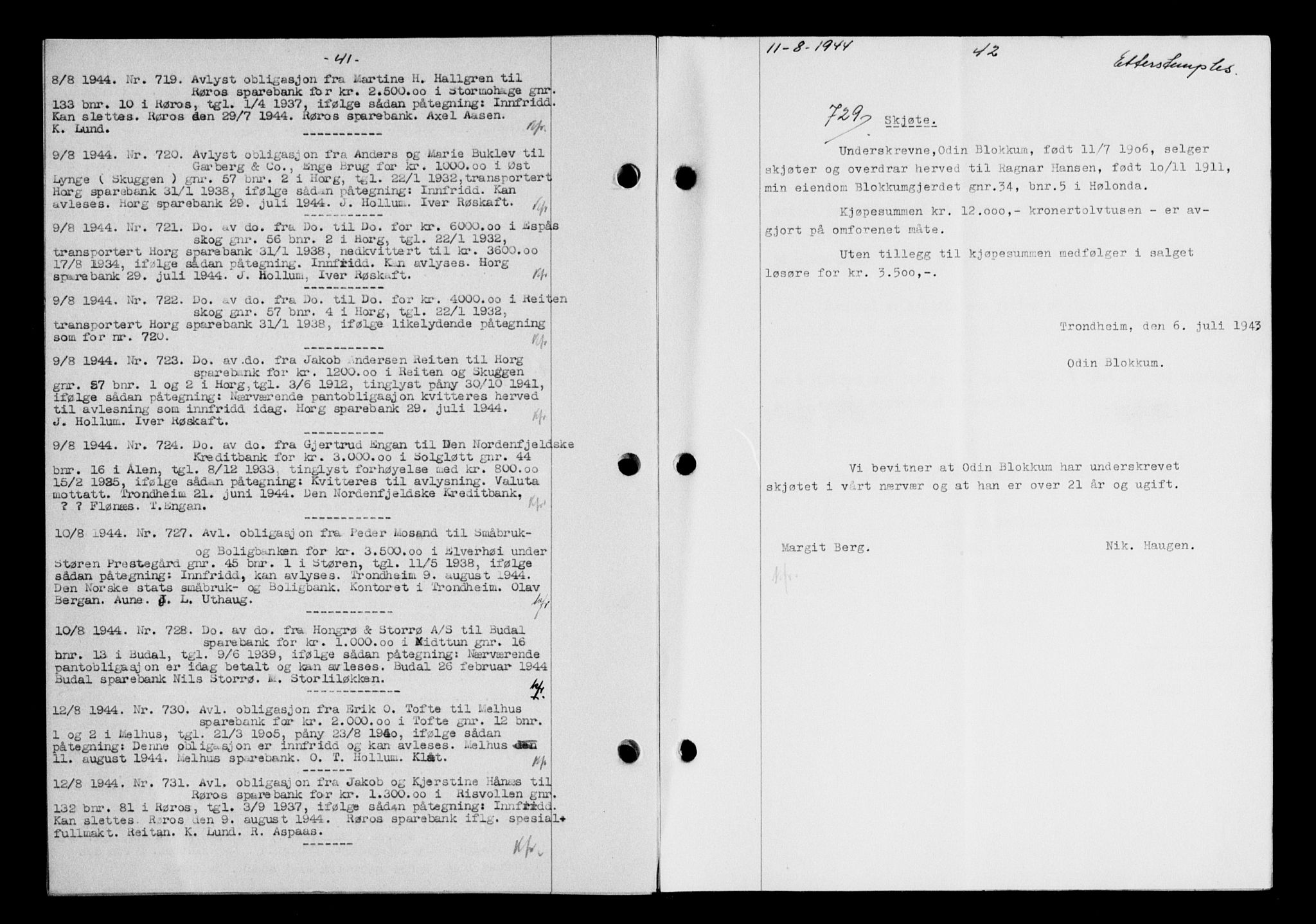 Gauldal sorenskriveri, SAT/A-0014/1/2/2C/L0058: Mortgage book no. 63, 1944-1945, Diary no: : 729/1944