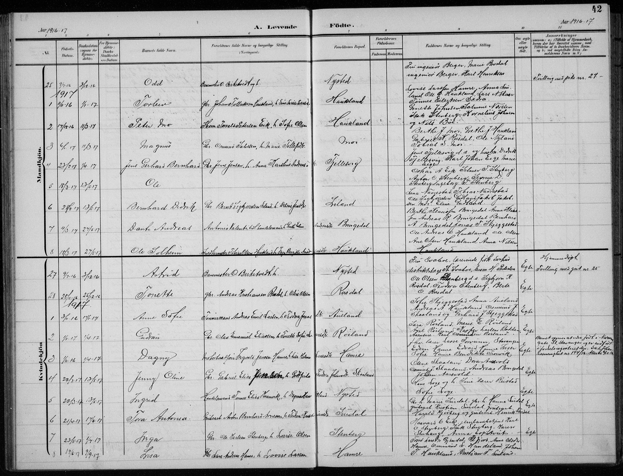 Lund sokneprestkontor, AV/SAST-A-101809/S07/L0008: Parish register (copy) no. B 8, 1902-1936, p. 42