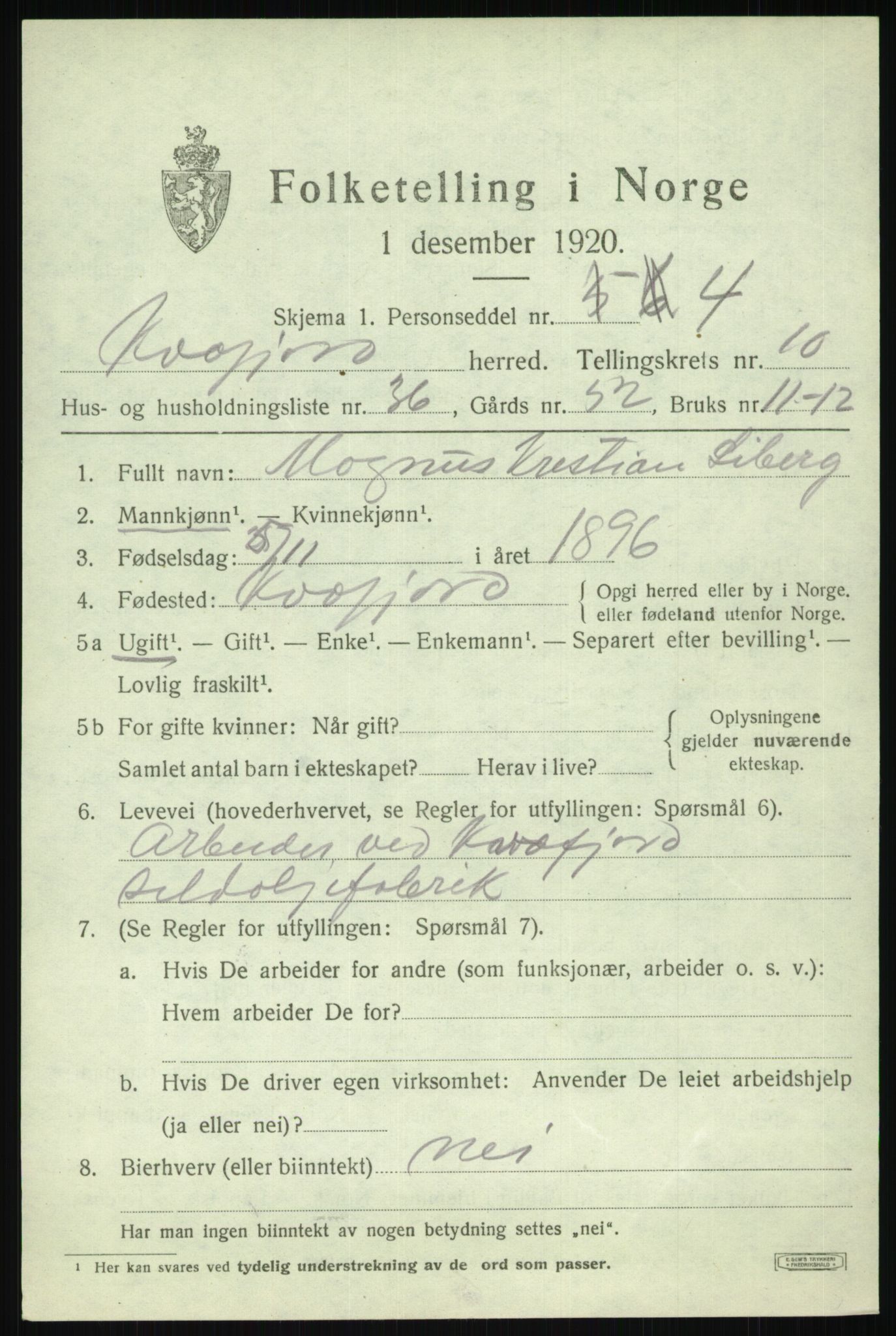 SATØ, 1920 census for Kvæfjord, 1920, p. 4901