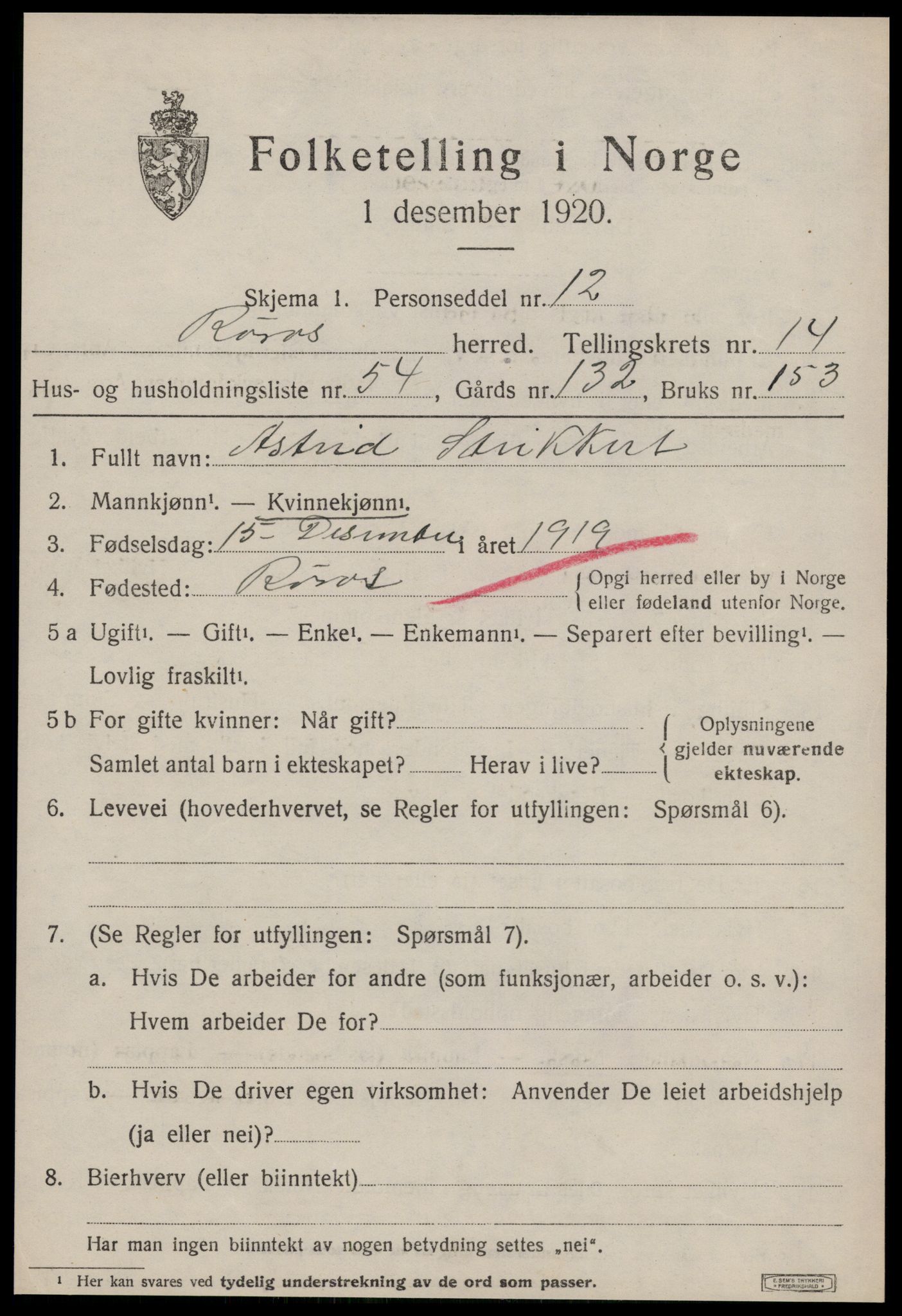 SAT, 1920 census for Røros, 1920, p. 10254