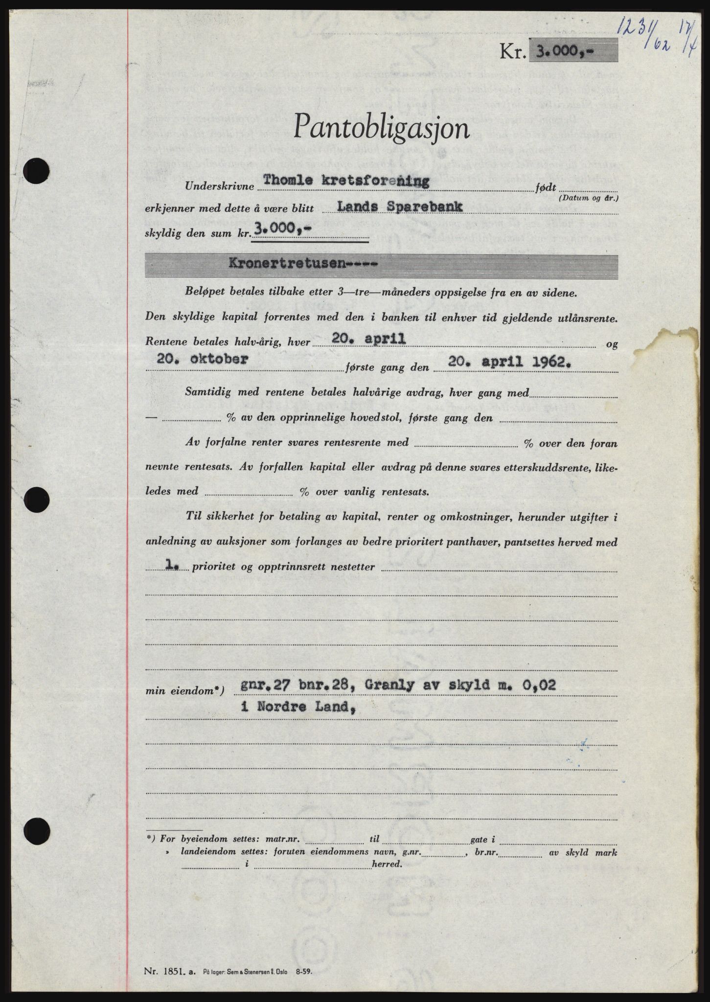 Hadeland og Land tingrett, AV/SAH-TING-010/H/Hb/Hbc/L0048: Mortgage book no. B48, 1962-1962, Diary no: : 1231/1962