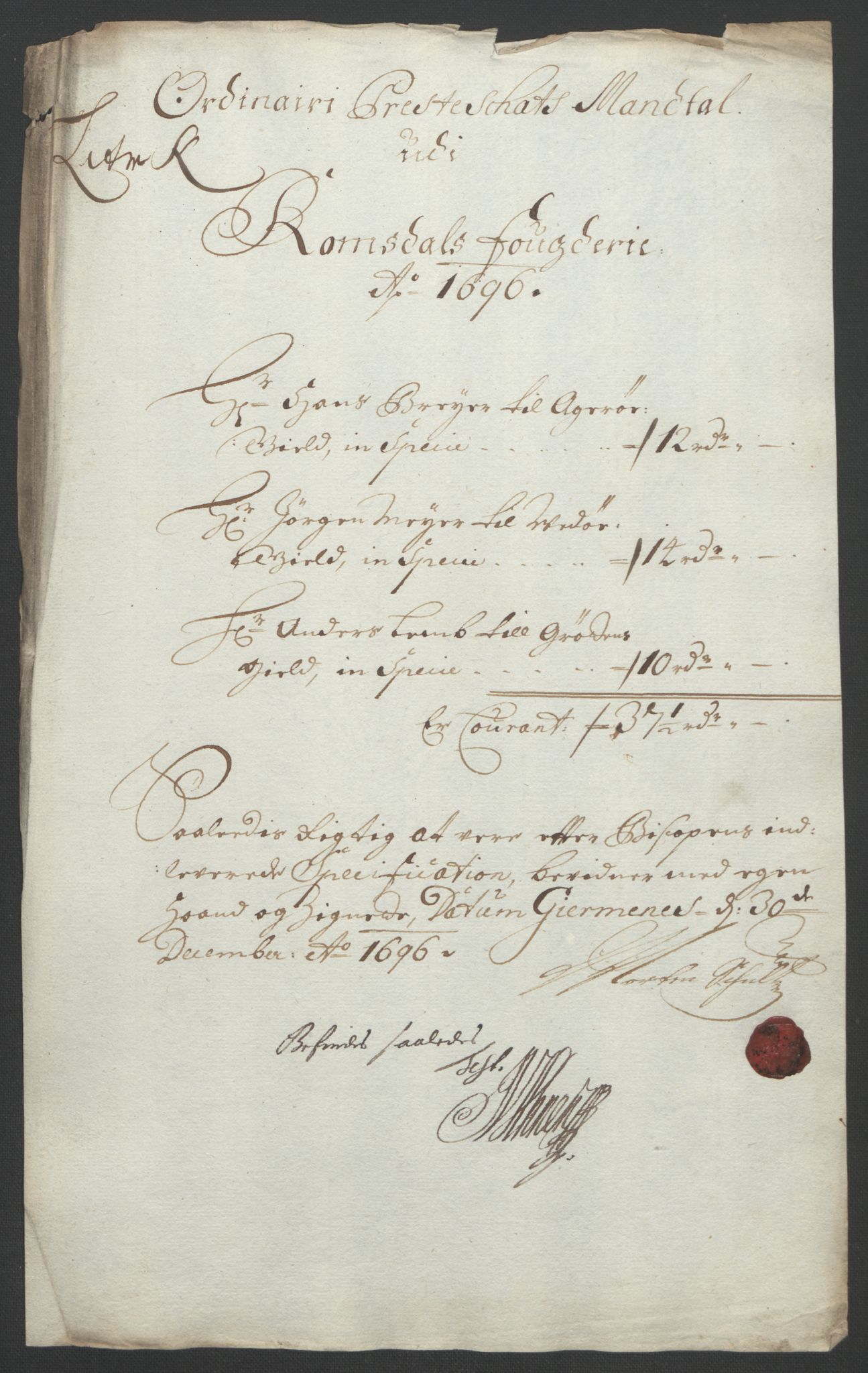 Rentekammeret inntil 1814, Reviderte regnskaper, Fogderegnskap, RA/EA-4092/R55/L3652: Fogderegnskap Romsdal, 1695-1696, p. 256