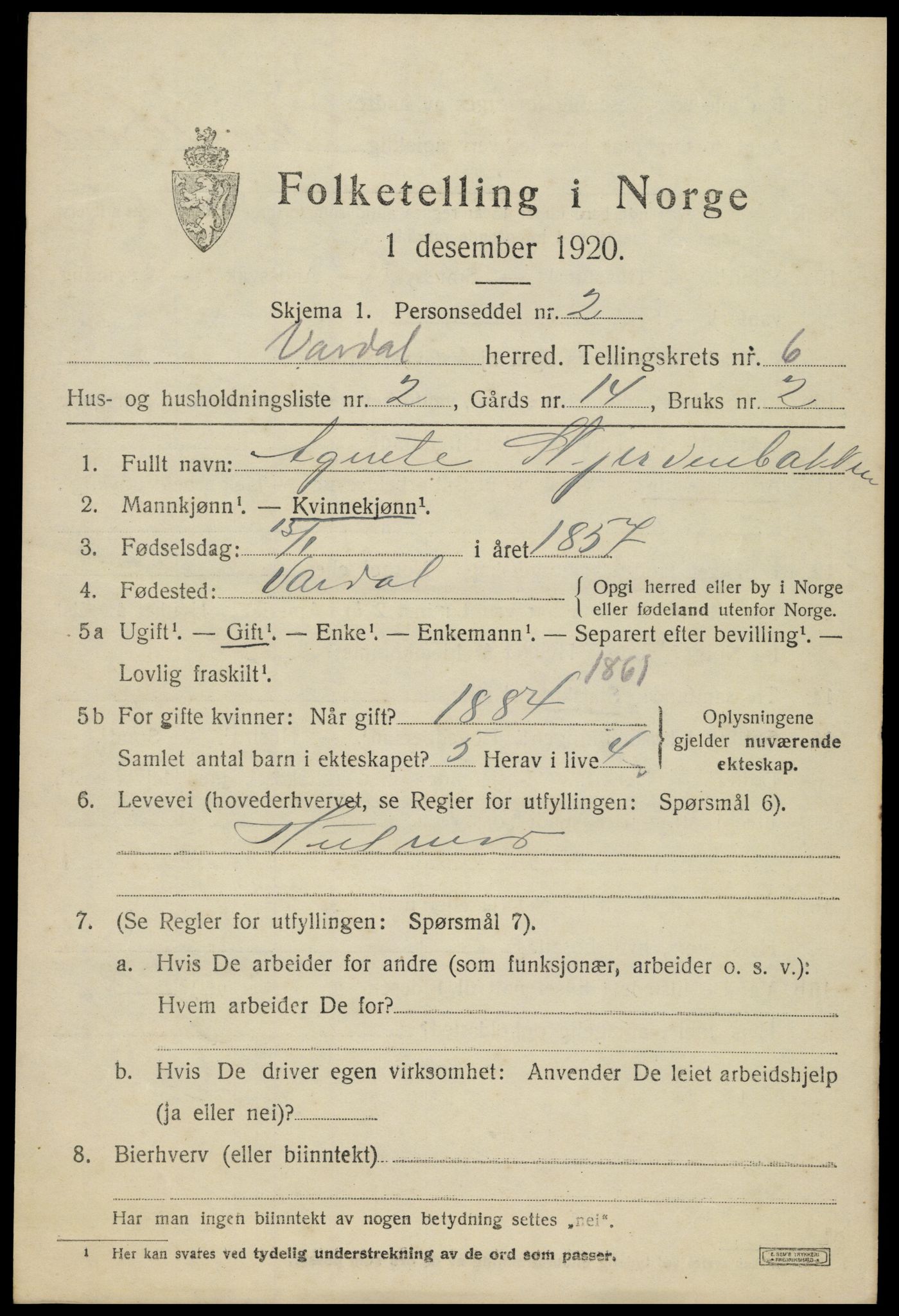 SAH, 1920 census for Vardal, 1920, p. 3879