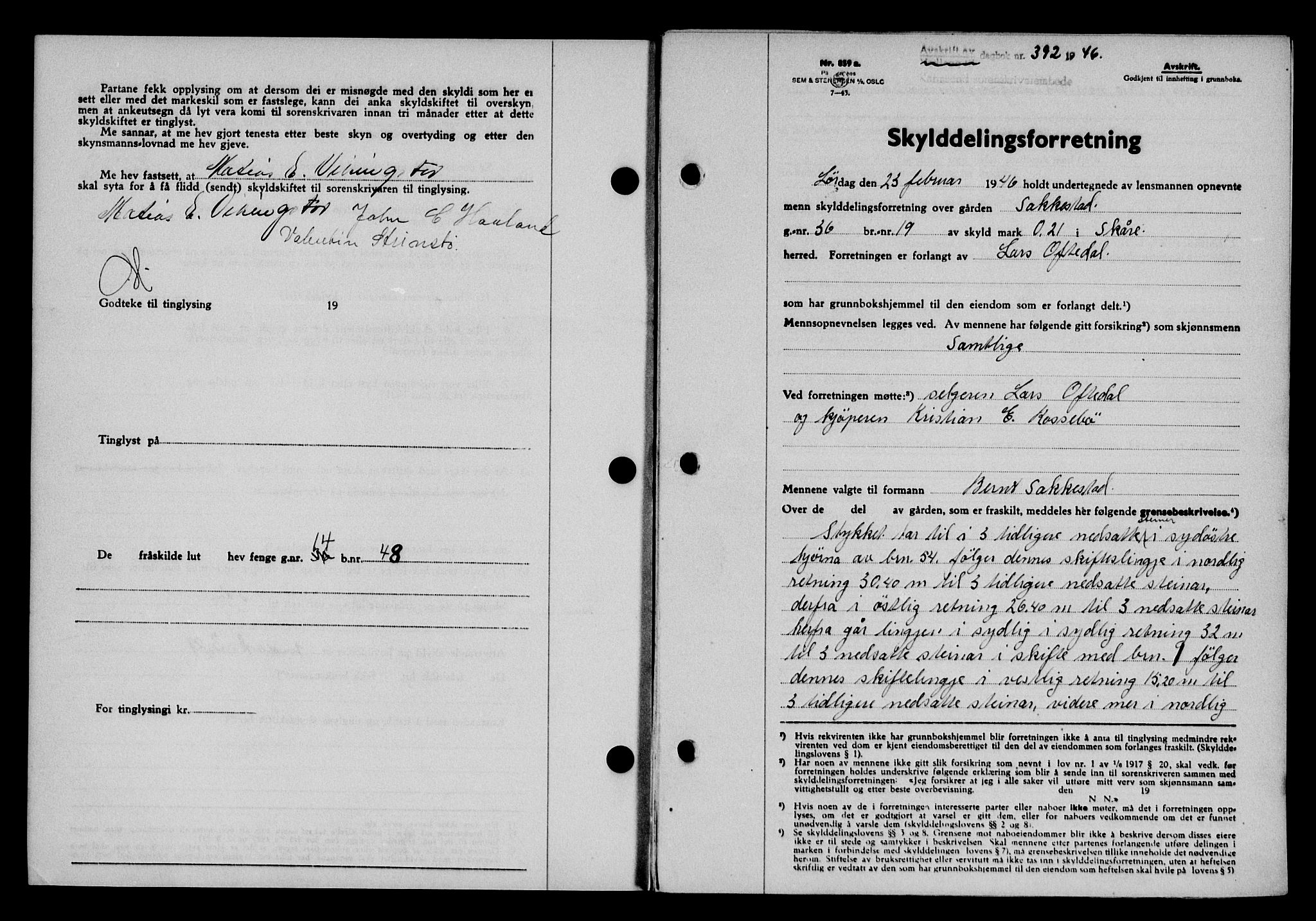 Karmsund sorenskriveri, AV/SAST-A-100311/01/II/IIB/L0085: Mortgage book no. 66A, 1946-1946, Diary no: : 392/1946