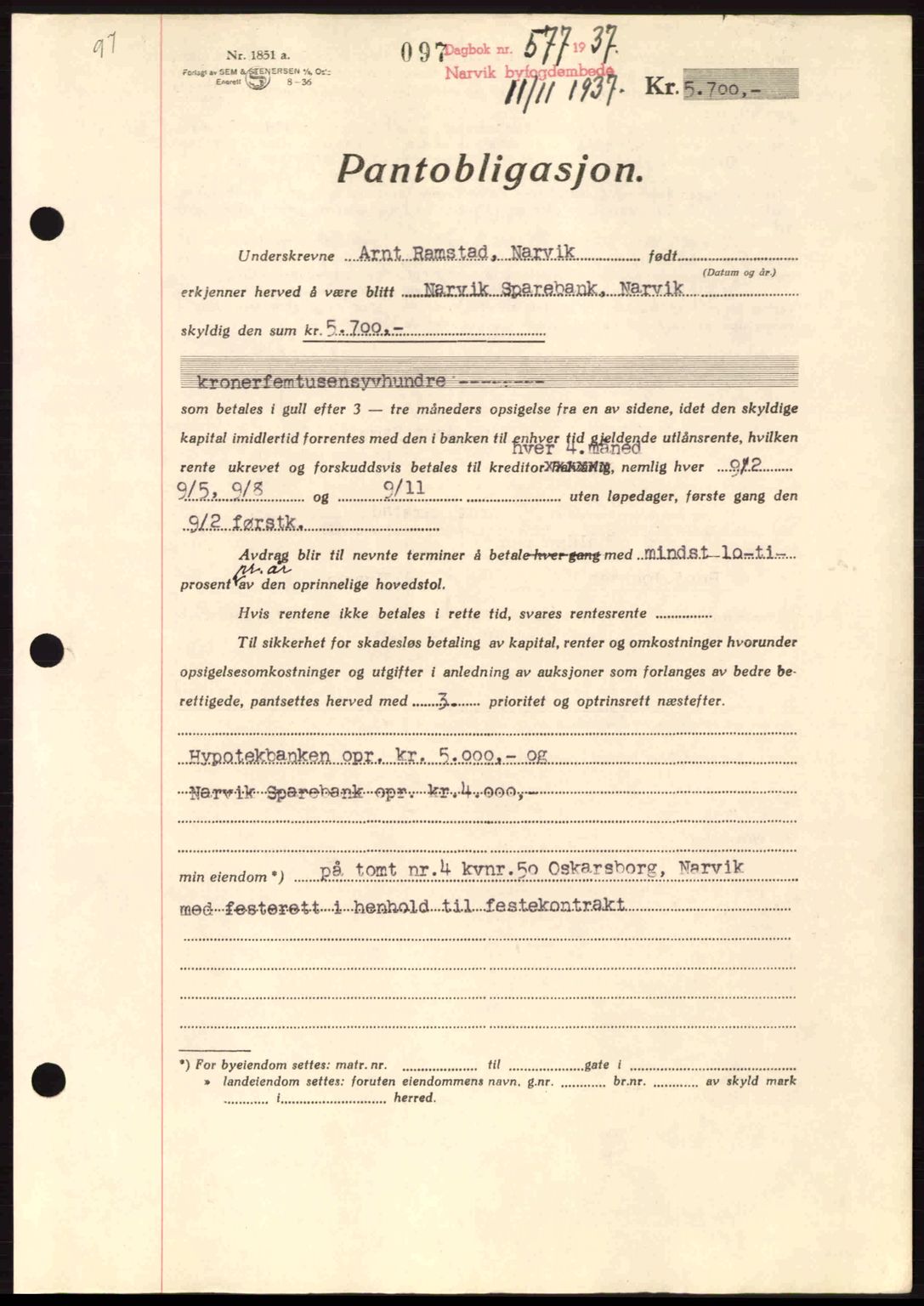 Narvik sorenskriveri, AV/SAT-A-0002/1/2/2C/2Ca: Mortgage book no. A15, 1937-1939, Diary no: : 577/1937
