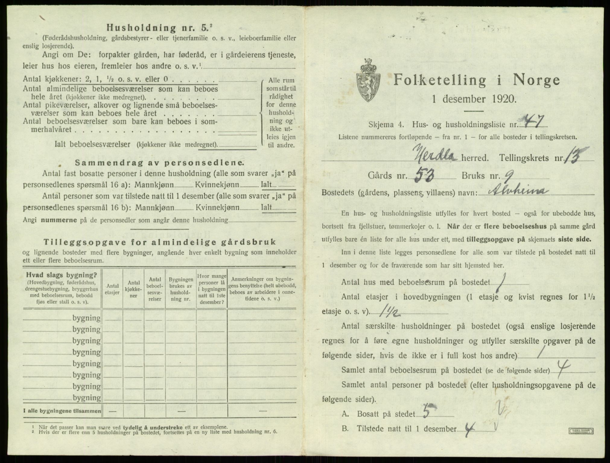 SAB, 1920 census for Herdla, 1920, p. 1272