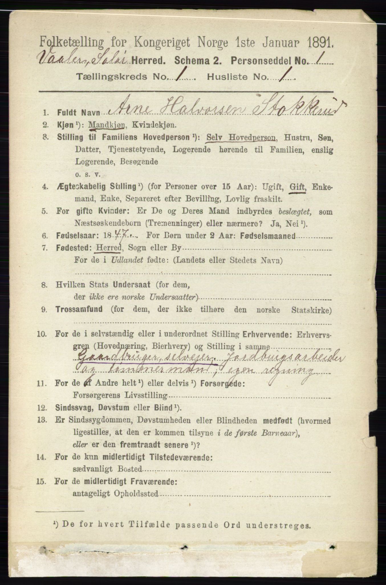 RA, 1891 census for 0426 Våler, 1891, p. 95