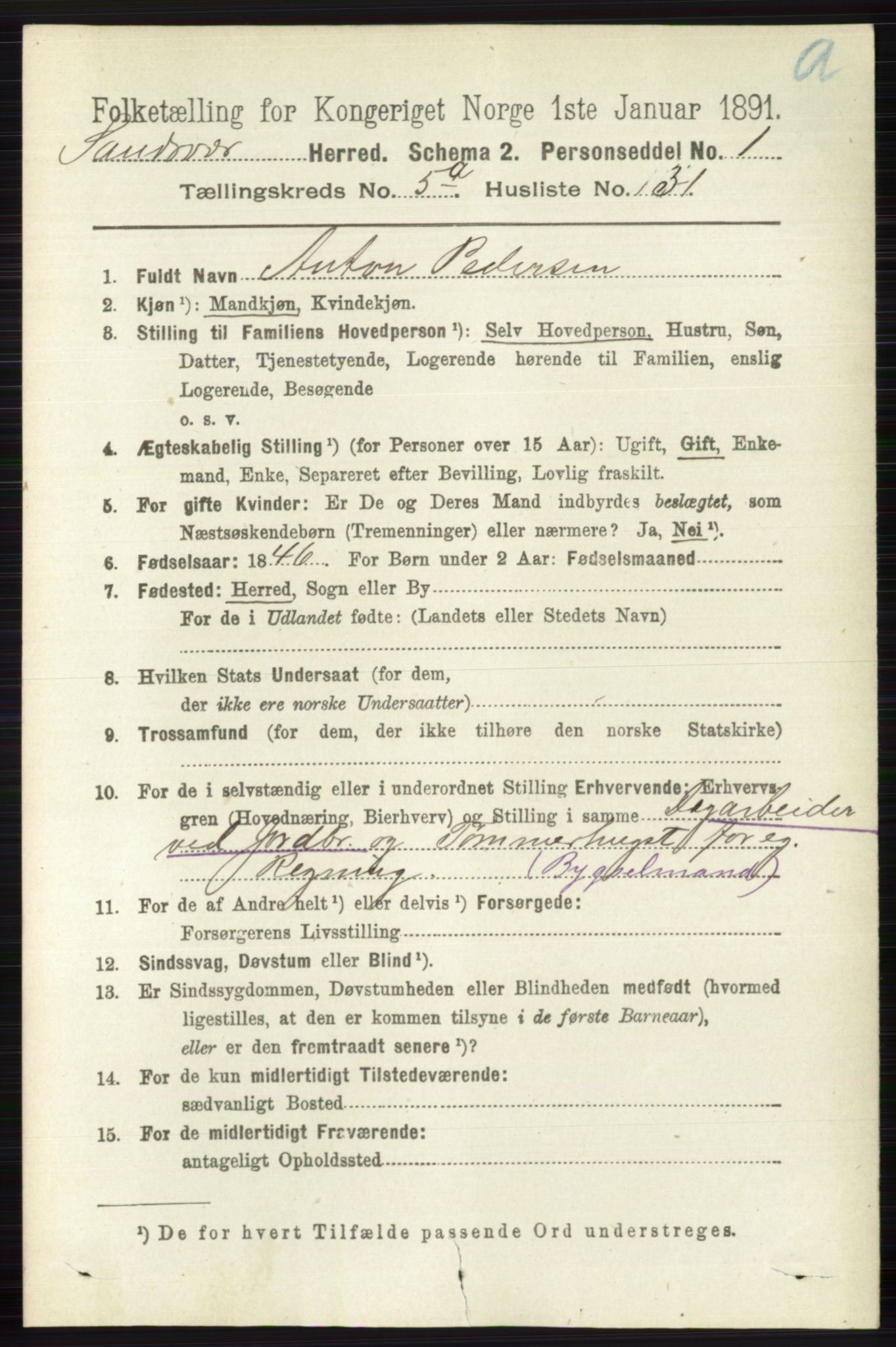 RA, 1891 census for 0629 Sandsvær, 1891, p. 2663